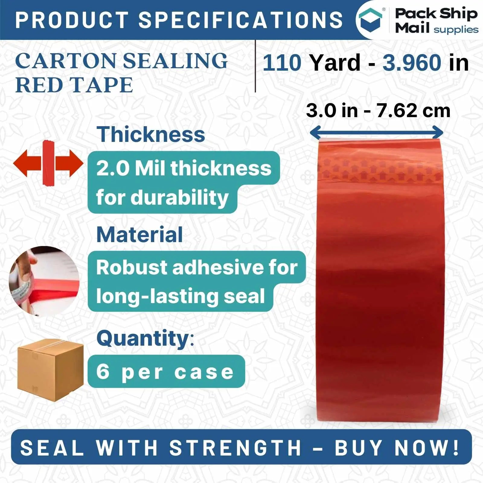 Image of 3-inch by 110 yards Carton Sealing Packing Tape in Red. This product comes in a case of 6 rolls.