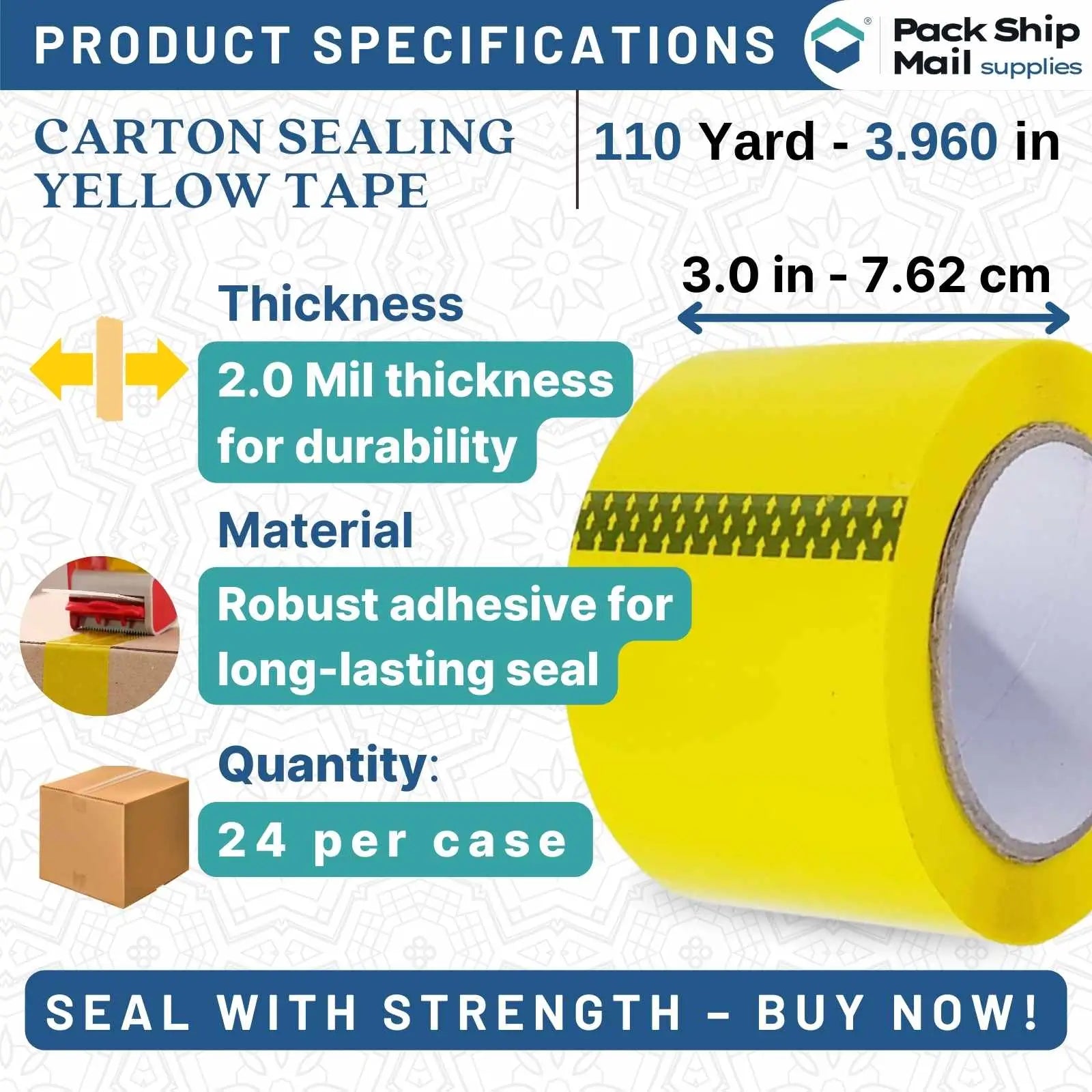 Image showing a case of 24 rolls of 3-inch by 110-yard 2 MIL yellow carton sealing packing tape.