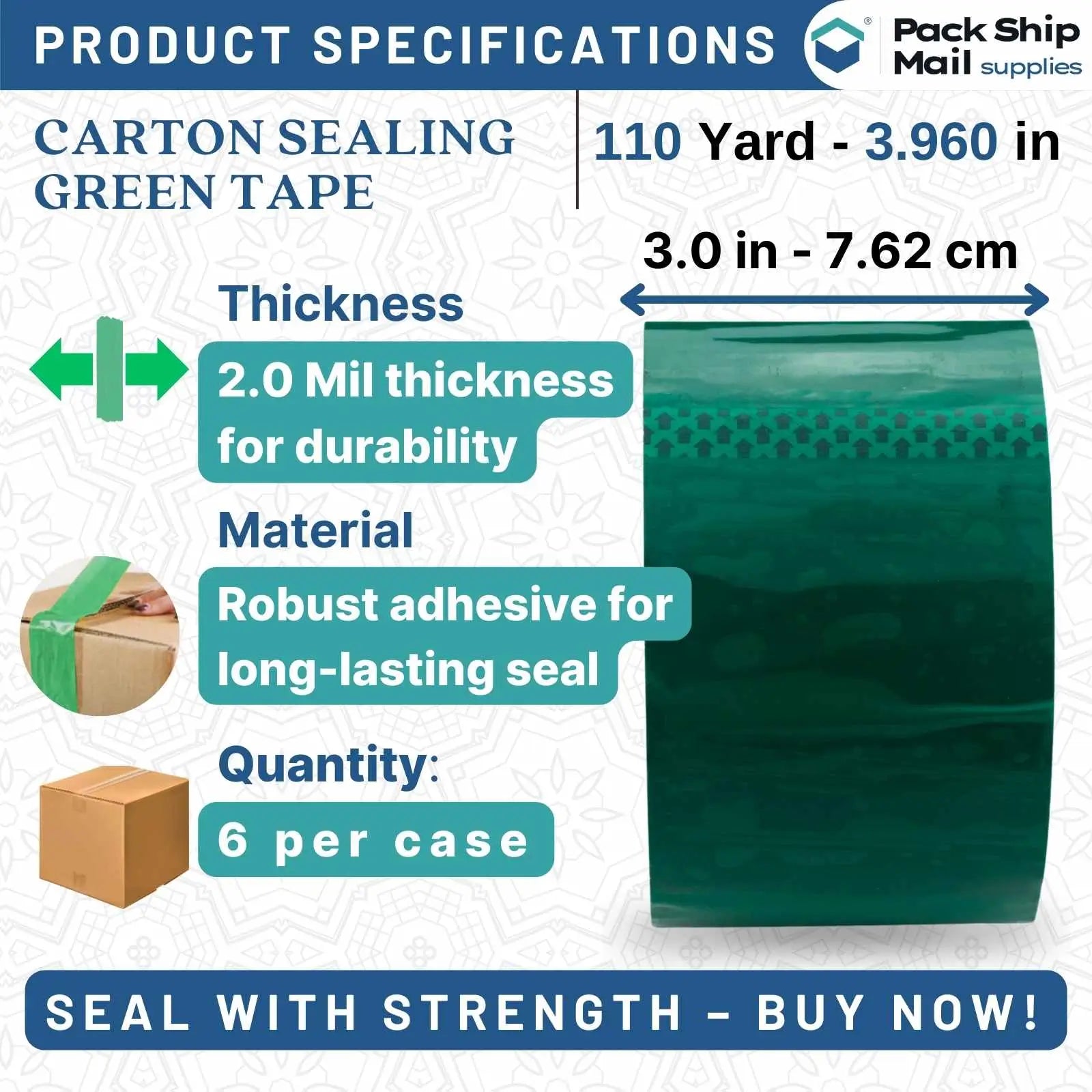 Image of 3-inch by 110 yards Carton Sealing Packing Tape in Green, 2 MIL thickness, packaged in a case of 6 rolls.