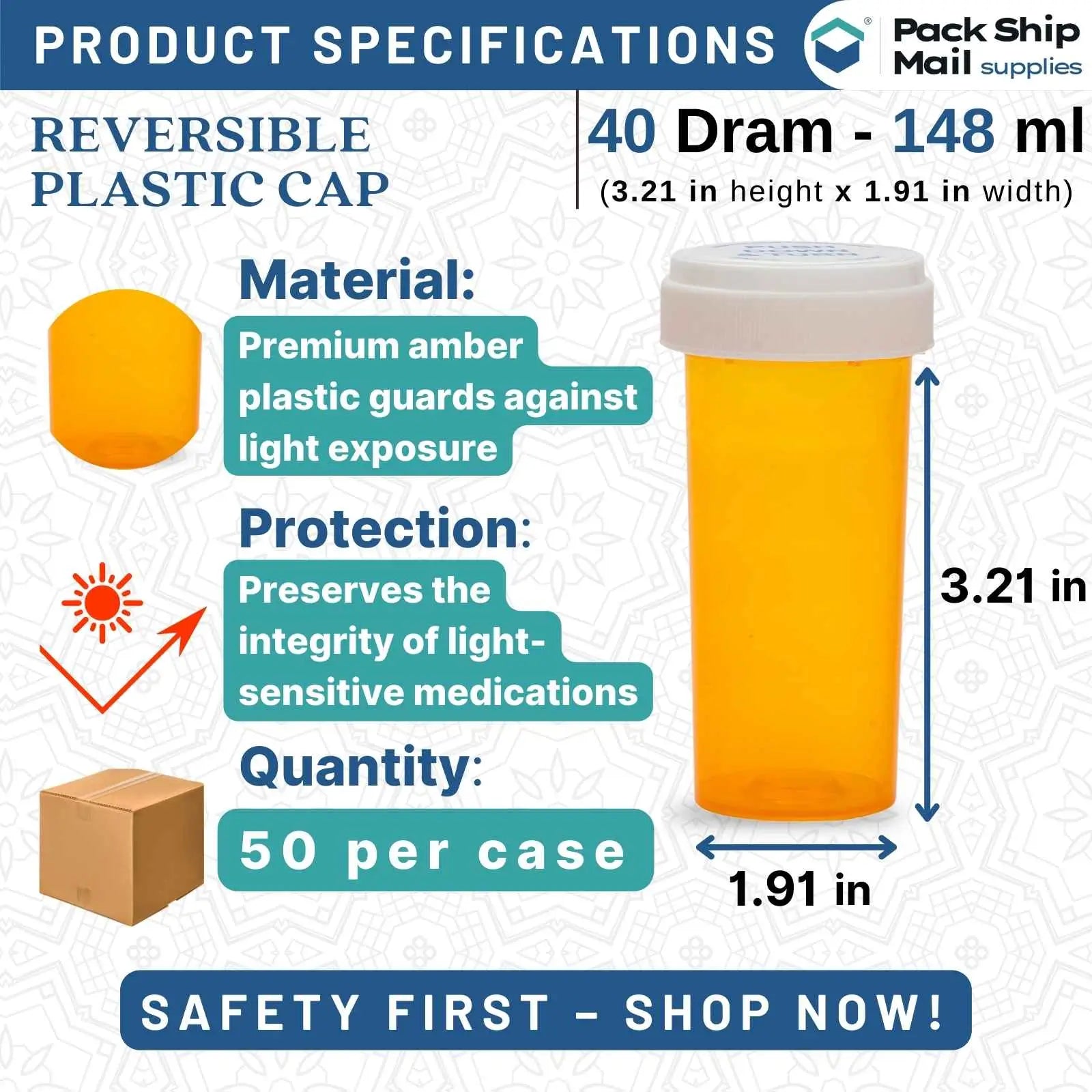 The image shows a case containing 40 Dram Amber Reversible Cap Vials, with 50 vials per case.