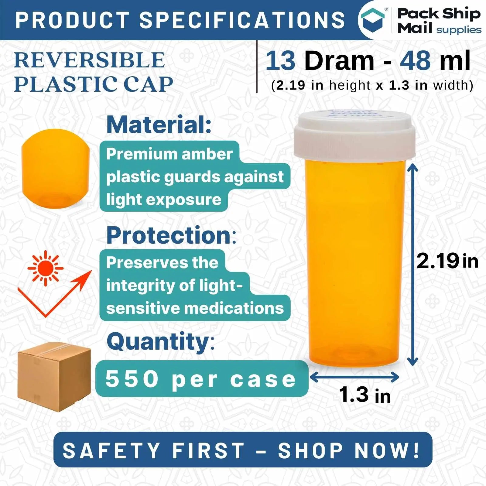 A bulk case of 550, 13 Dram Amber Vials with reversible caps, highlighting their secure and easy-to-use design, perfect for protecting light-sensitive medications.