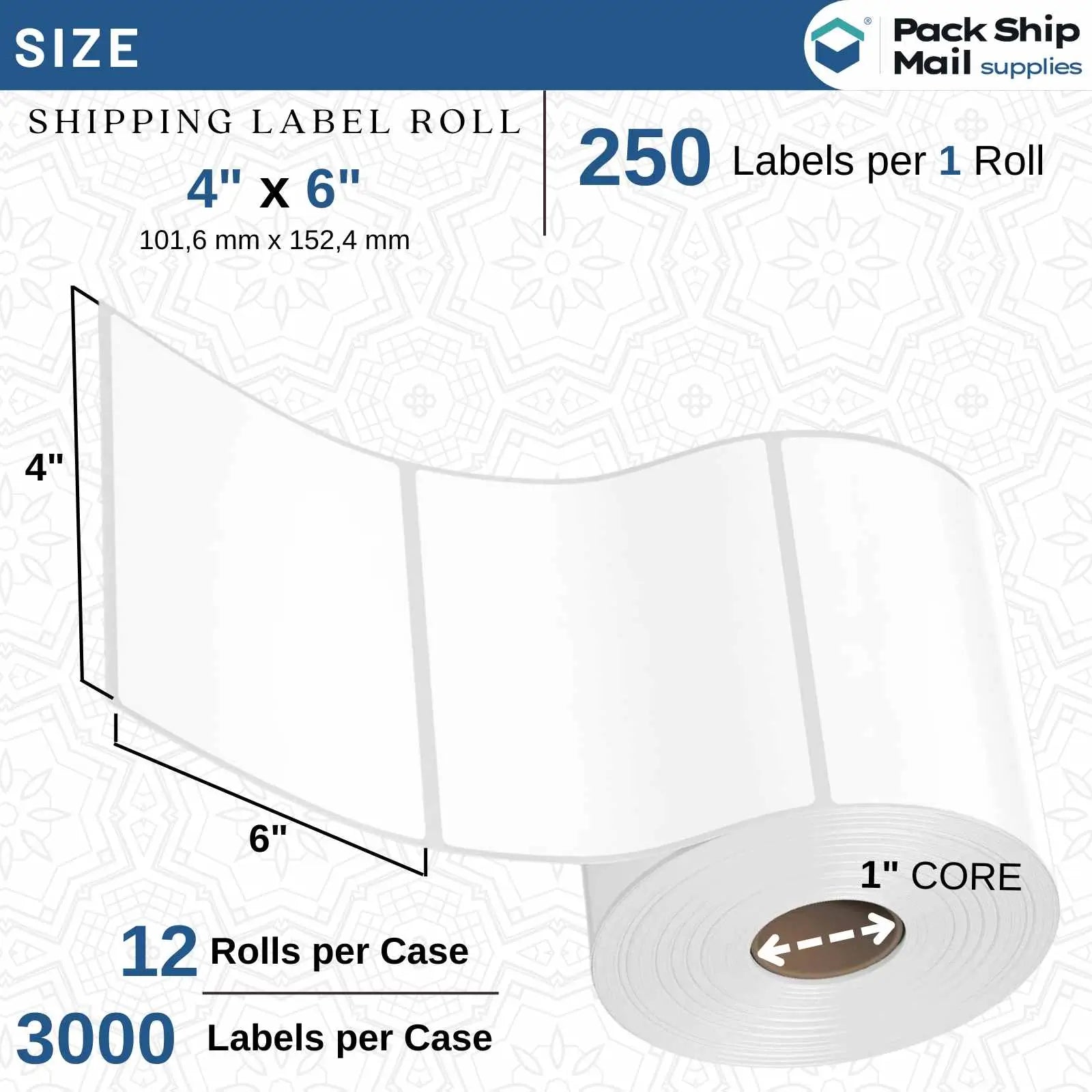 Four rolls of 4-inch by 6-inch white direct thermal transfer labels, each with a 1-inch core size, packaged in a case.