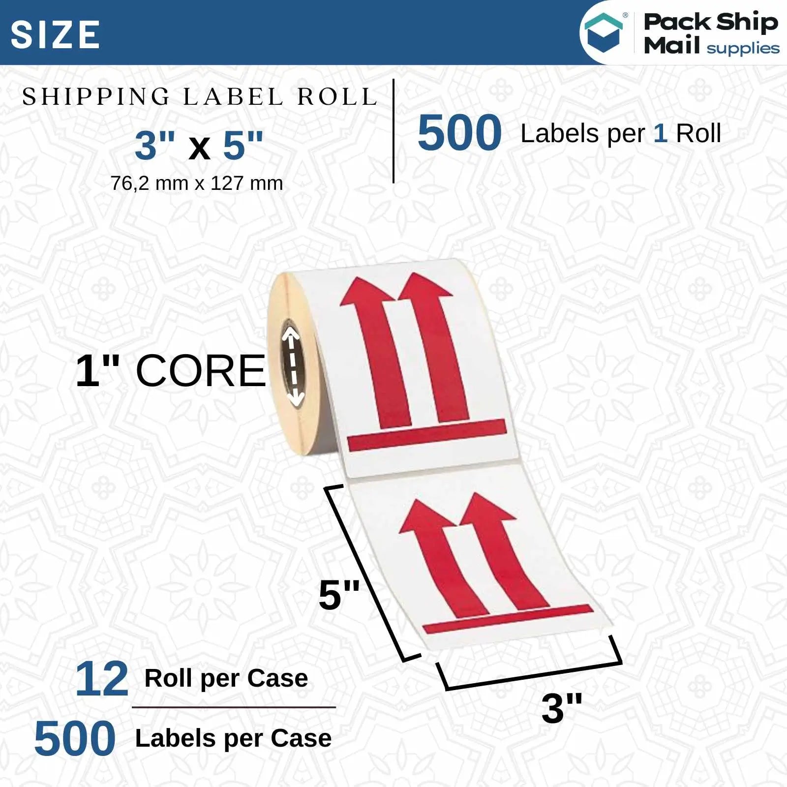 Twelve rolls of 3 by 5-inch ARROW UP specialty labels with a 1-inch core, neatly packaged in a case.