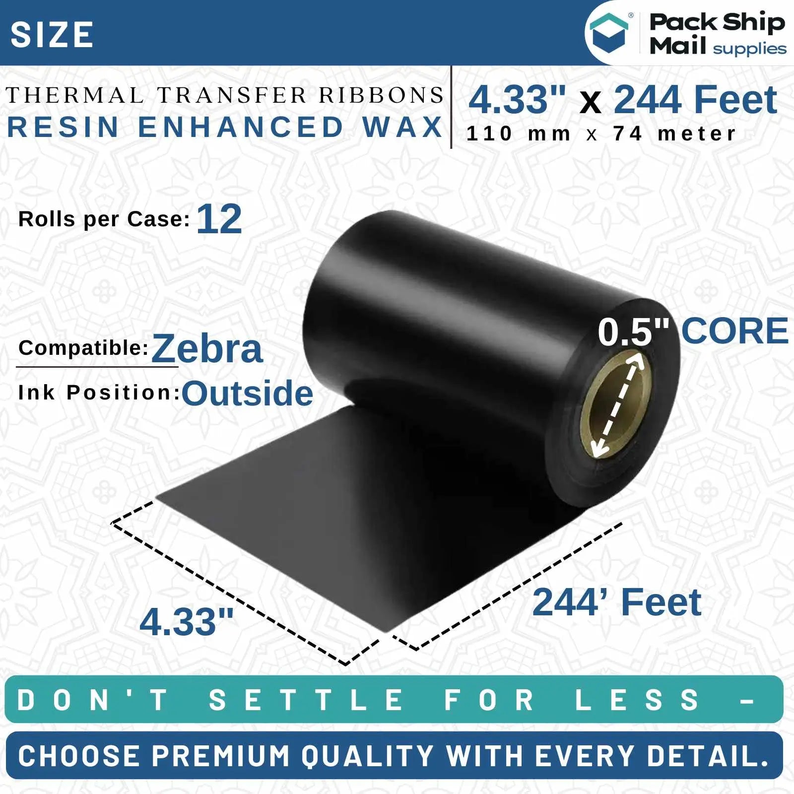 Image of 4.33-inch by 244-foot Black Zebra Compatible Thermal Transfer Ribbon. This product comes in a case of 12 rolls.