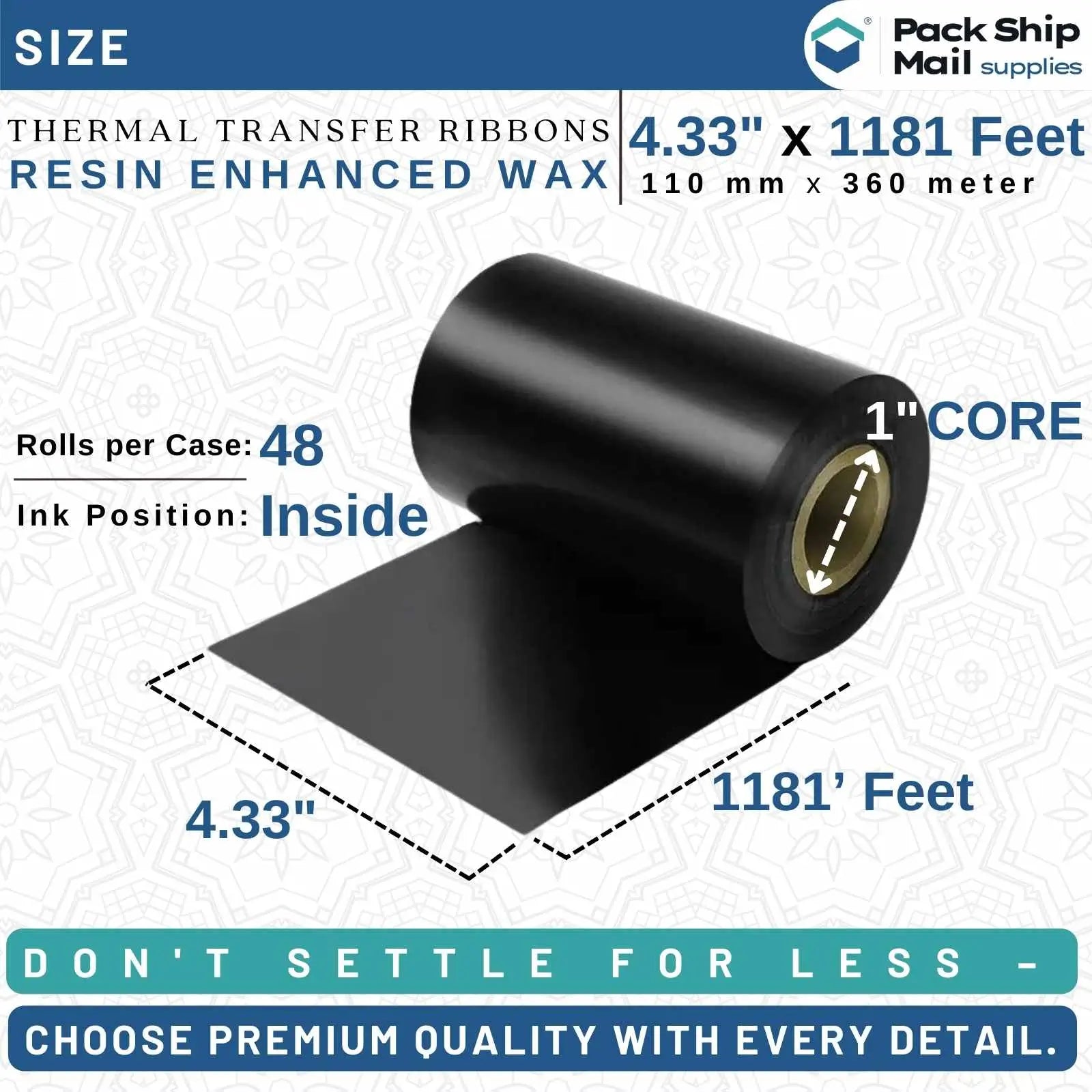 Forty-eight rolls of 4.33" x 1181' black Datamax-compatible thermal transfer ribbon, showcased to emphasize bulk quantity per case and printer compatibility.