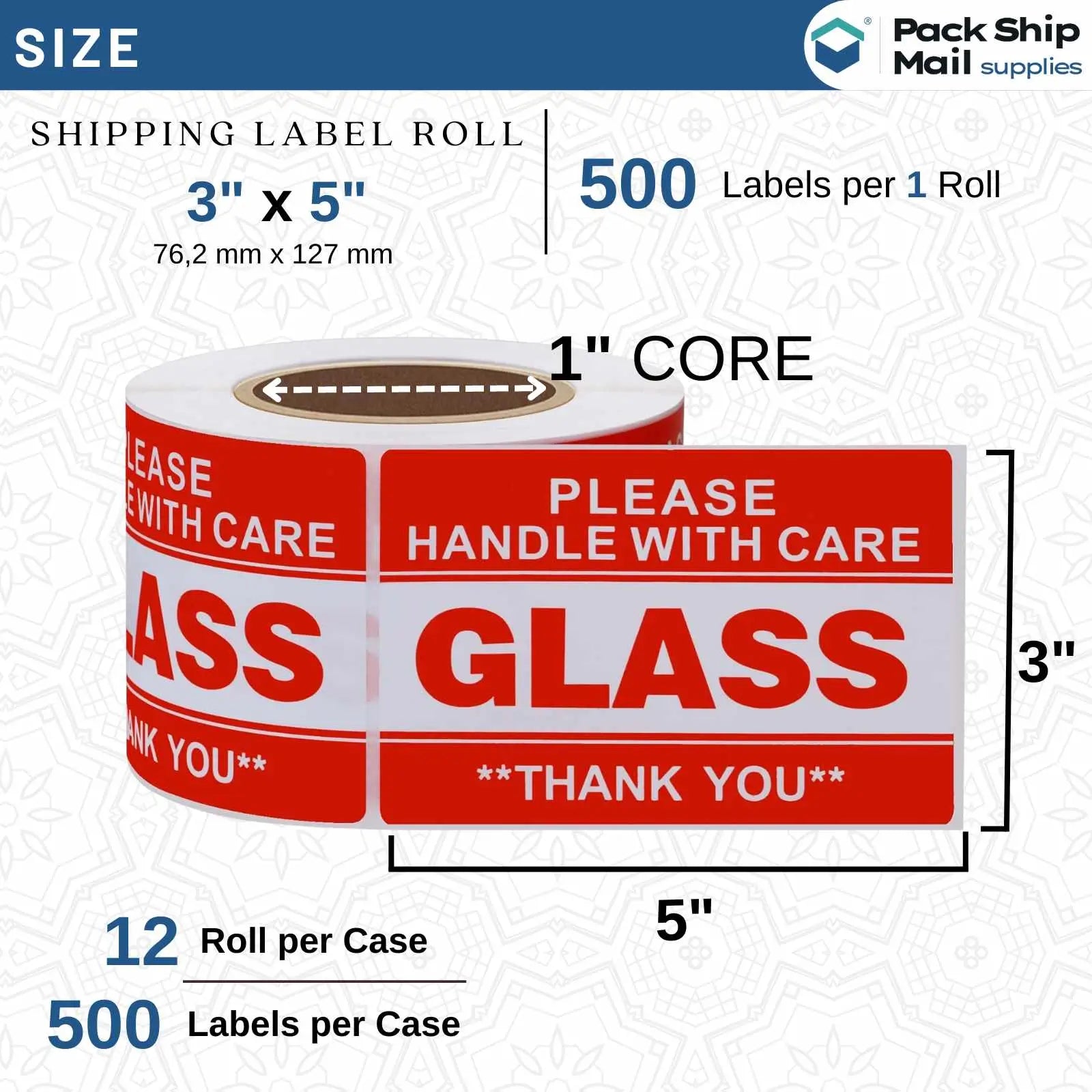 Twelve rolls of 3 by 5-inch GLASS specialty labels with a 1-inch core, neatly arranged in a case.