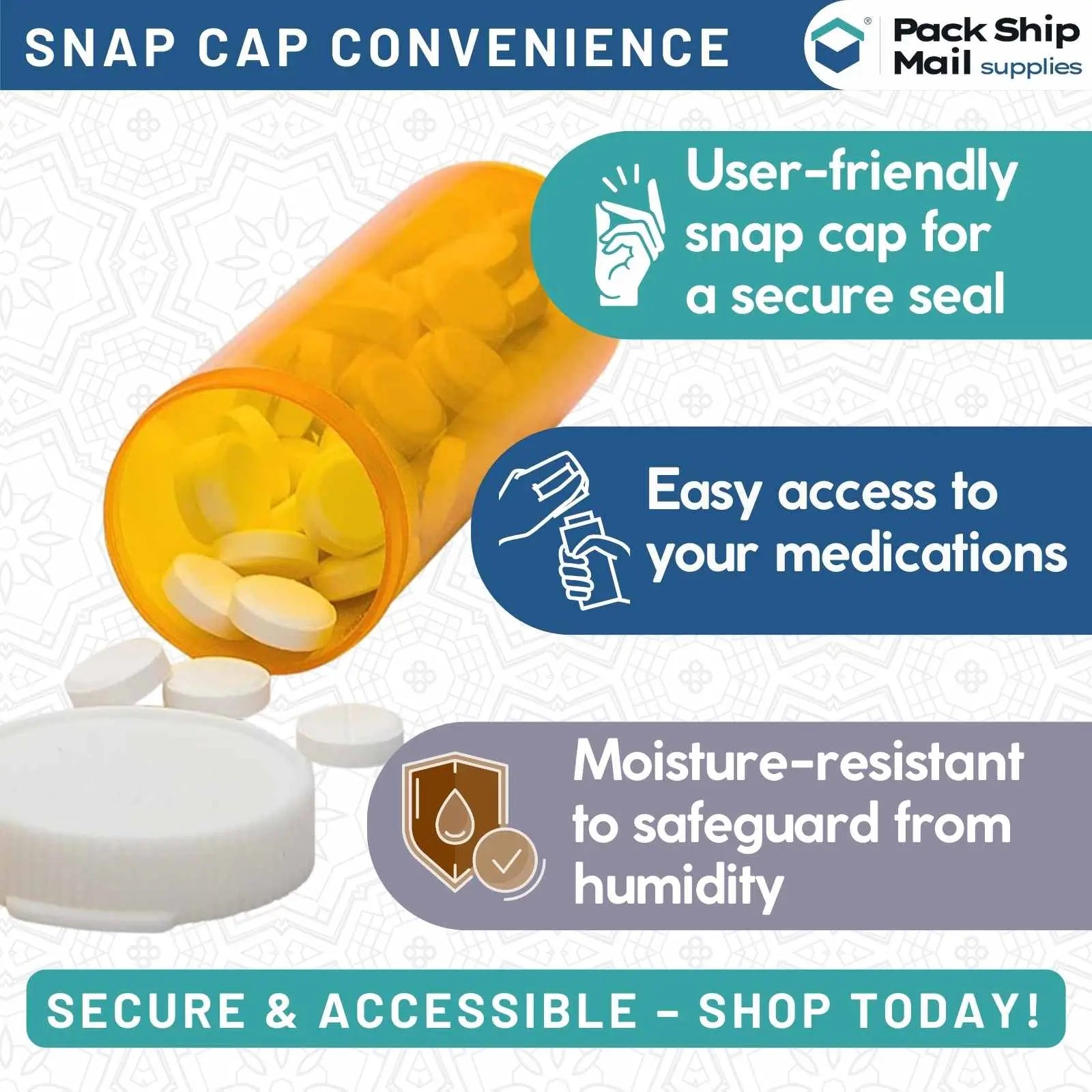 The image showcases a case containing 6 dram amber snap cap vials, with 50 vials per case.