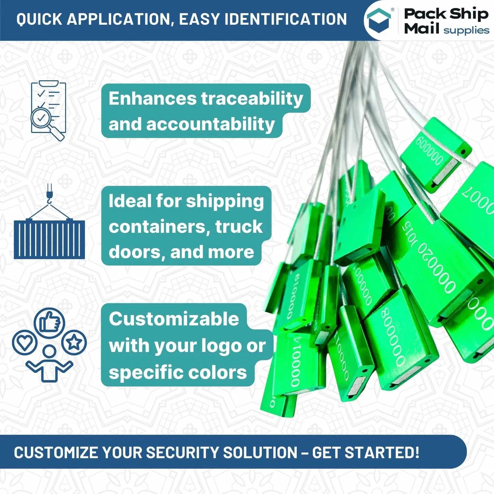 A case containing 300 green cable seals, each 14 inches long and 5 mm thick, neatly packaged for easy use and storage.