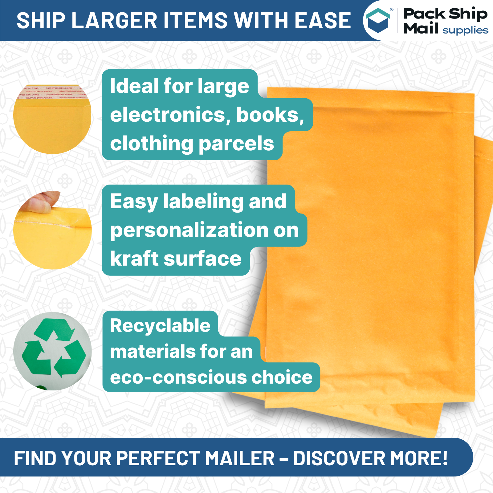 50 self-seal Kraft bubble mailers, size 12.5" x 19", in case. Ideal for secure shipping and protection.