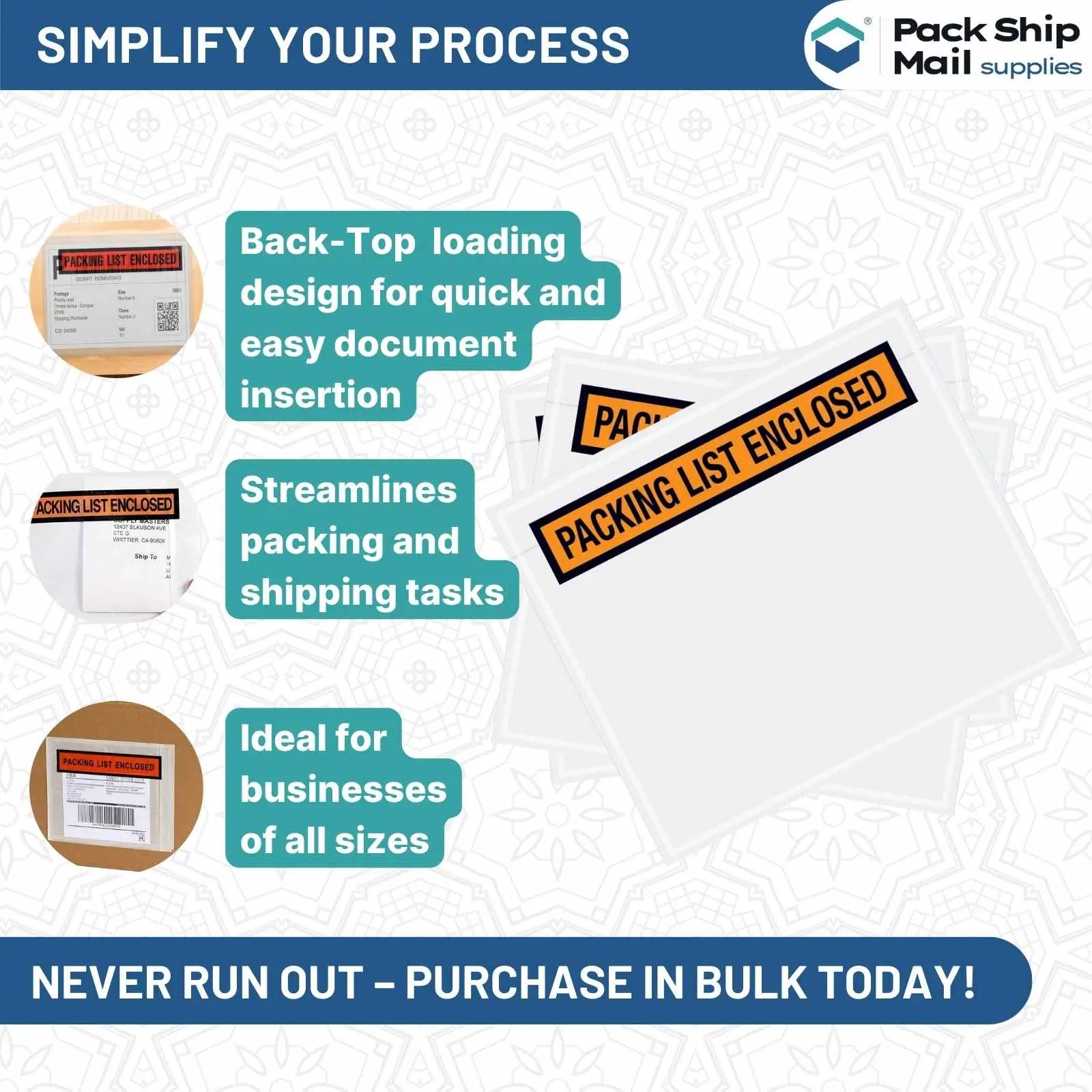 1000 per case of 5.5 x 10 Packing List Envelope with a panel face.