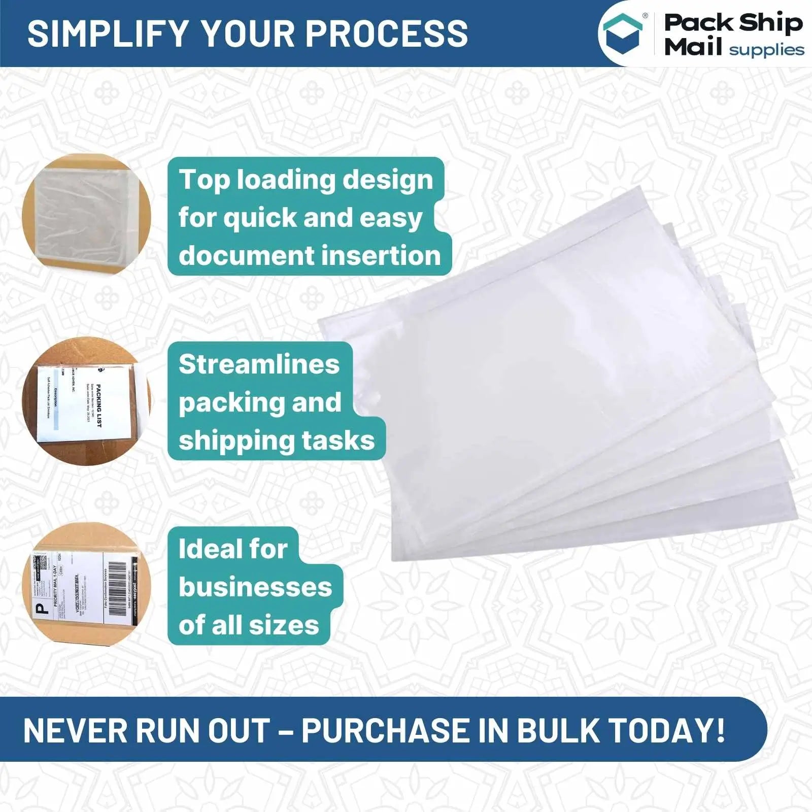 Display of "10 x 12 Clear Packing List Envelopes," showcasing a case of 200 transparent, self-adhesive envelopes designed for efficient document protection and easy surface attachment.