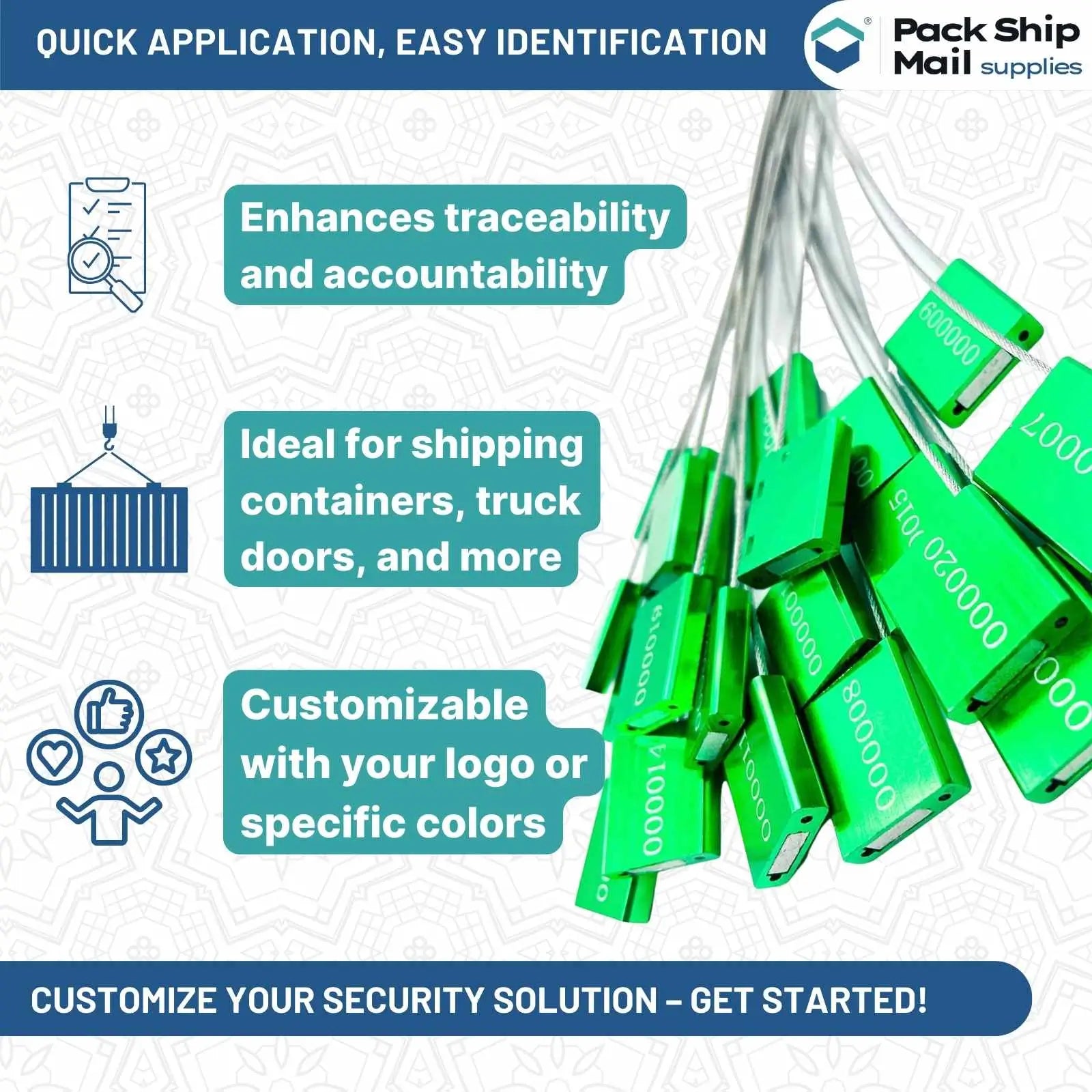 Green Cable Seal 39" & 2 MM, 10 Per Case, showcasing their robust, secure design for protecting valuables against unauthorized access.