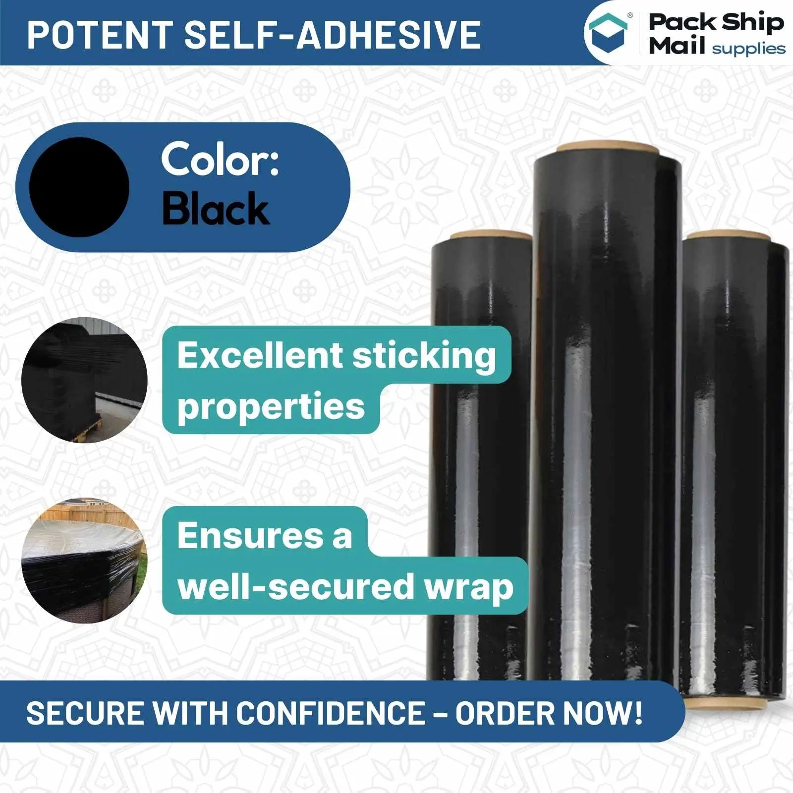 Four rolls of 18-inch by 1000-feet 85 gauge blown stretch black film, neatly packaged in a case.