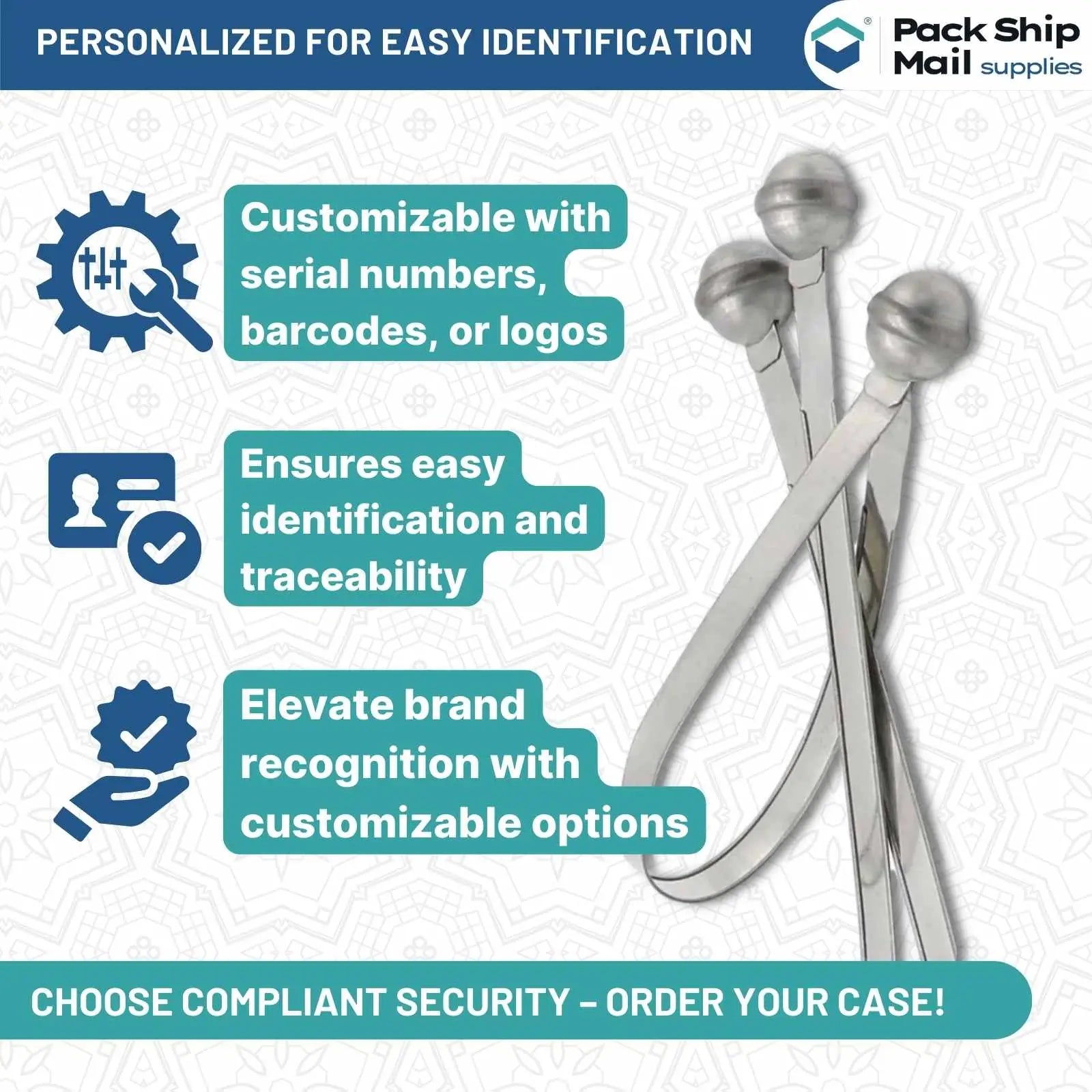 Close-up of Metal Seal Round Head 216 MM, 600 Per Case, emphasizing their robust, security-enhancing design for various applications.