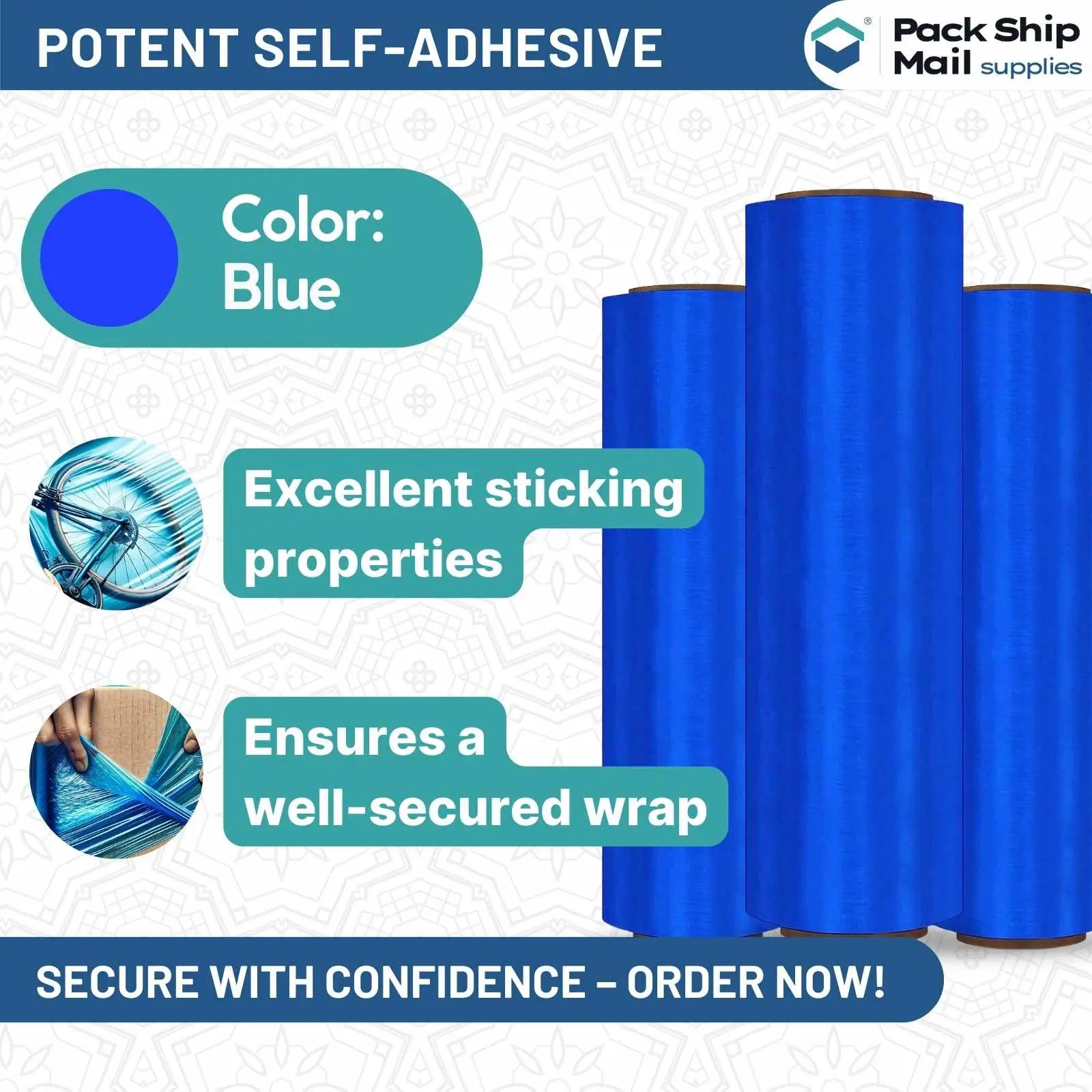 Four rolls of 18-inch by 1000-feet 85 gauge blown stretch blue film, neatly packaged in a case.