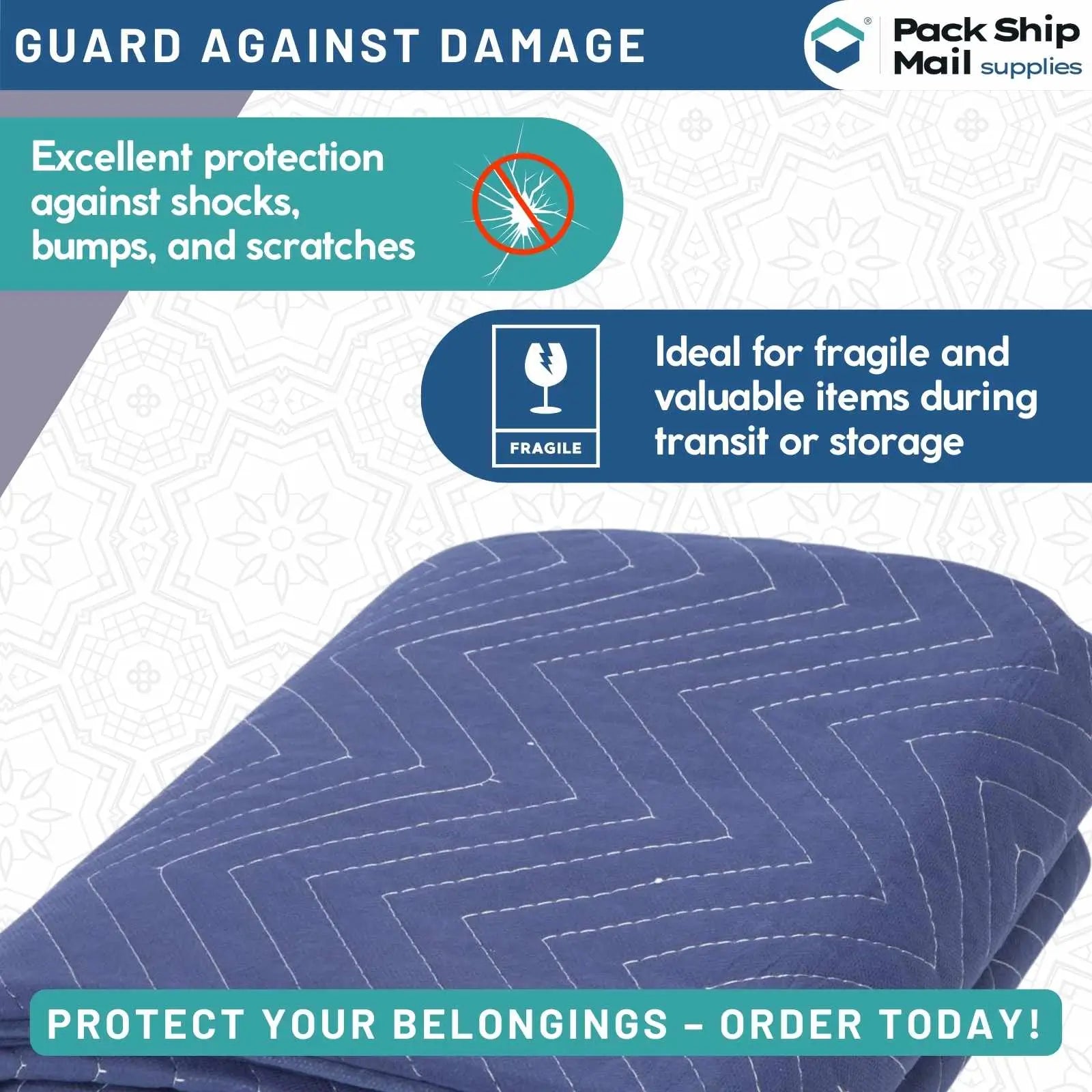 The image shows a bundle of 48 moving blankets in a combination of dark blue and light blue, each measuring 72" x 80" and weighing 43 pounds. Ideal for comprehensive protection during your move.