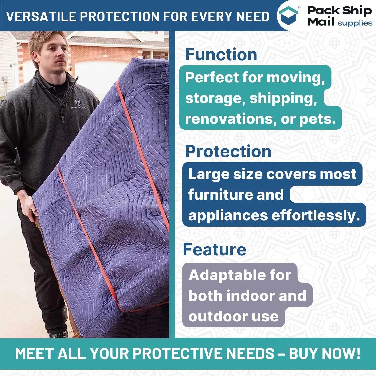 The image showcases a single, heavy-duty moving blanket in a stylish dark blue and black color combination, measuring 72" x 80" and weighing 65 pounds, making it an excellent choice for maximum protection during your move.