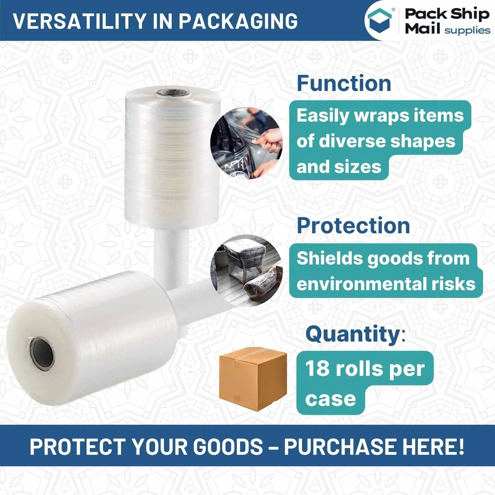 Case of 18 rolls, each containing 3" x 1000' 80 Gauge Extended Core Stretch Film.