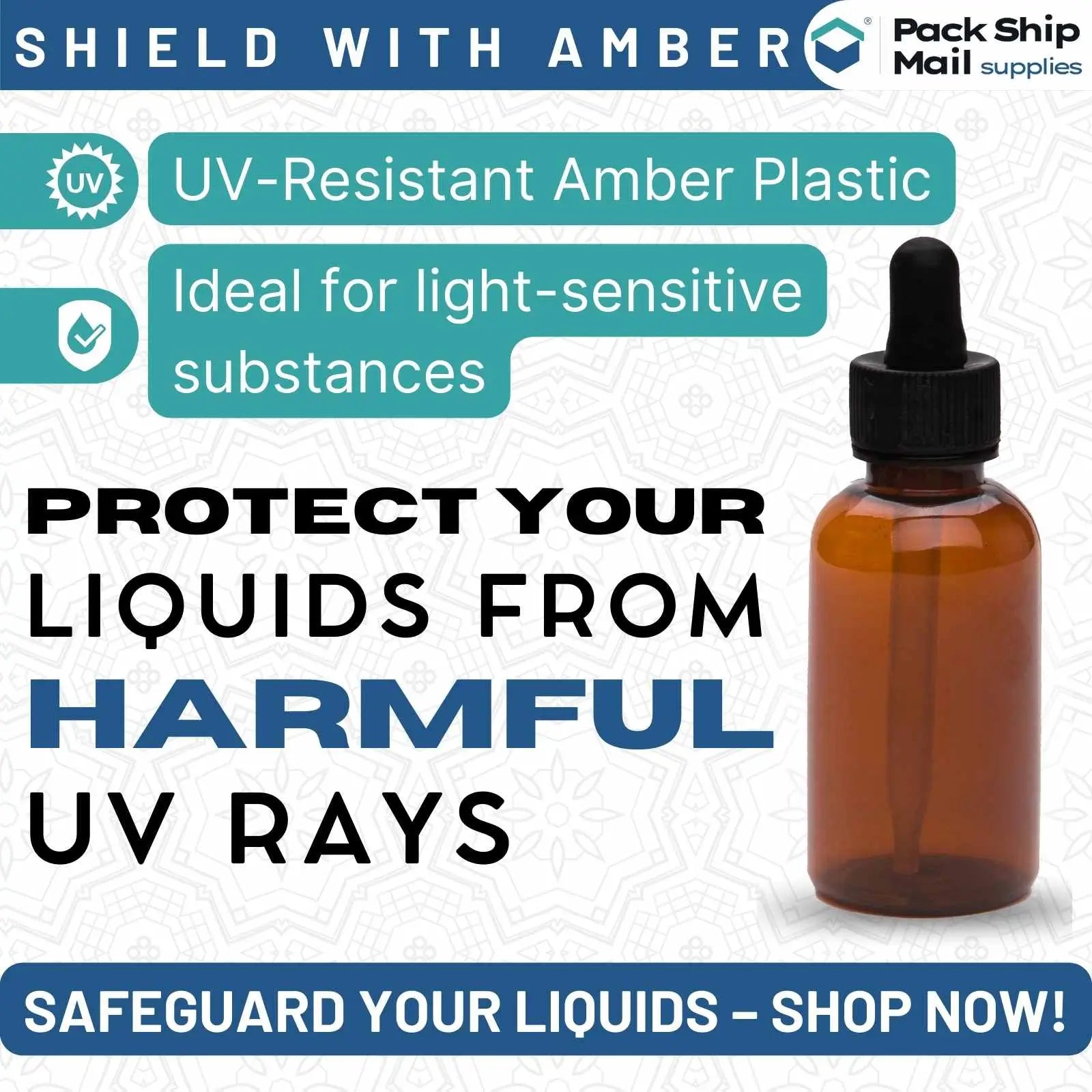 The image shows a case containing 50 amber dropper bottles, each with a 2 oz capacity.