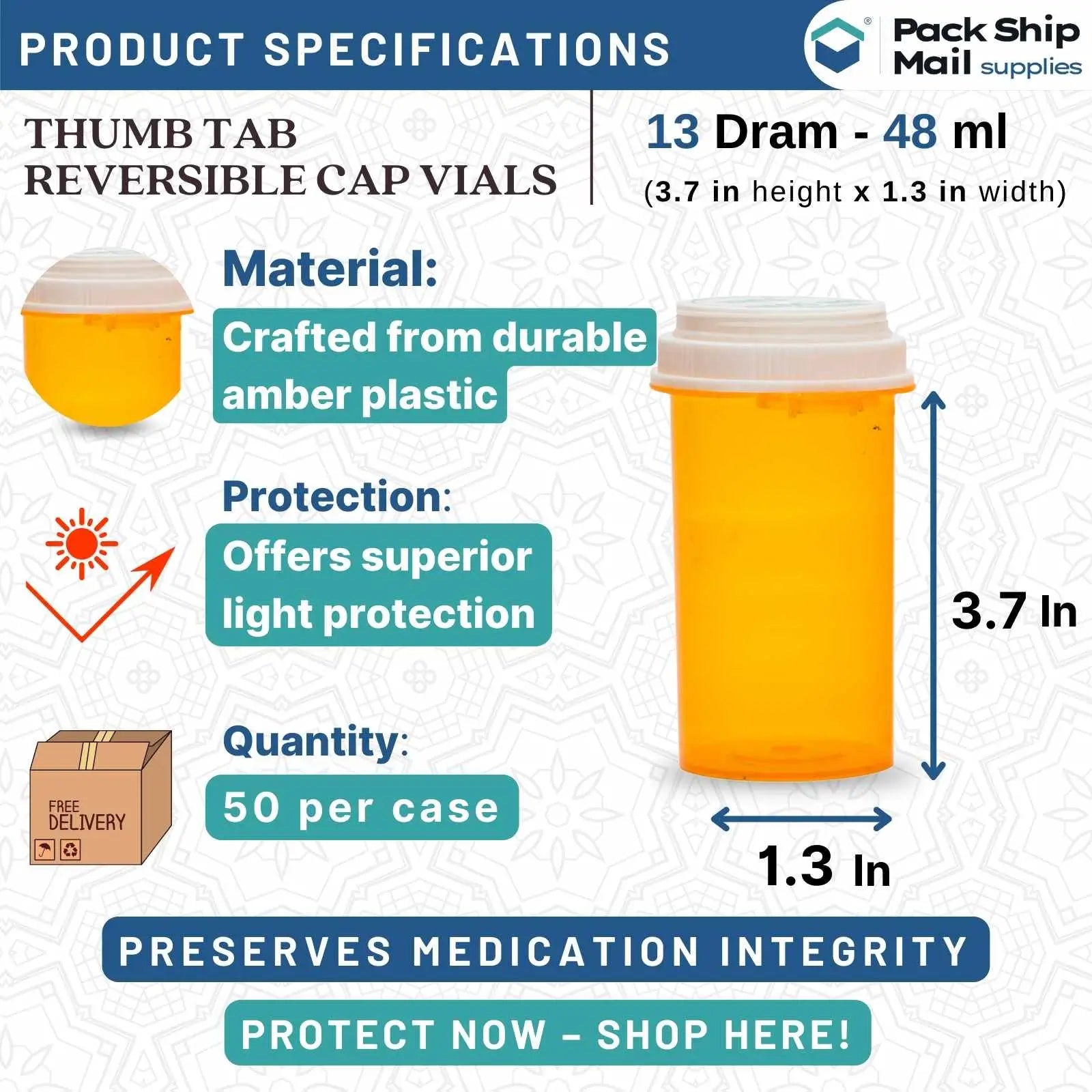 A case of 50, 13 Dram Amber Vials with thumb tab reversible caps, focusing on the secure and convenient design for protecting sensitive medications.