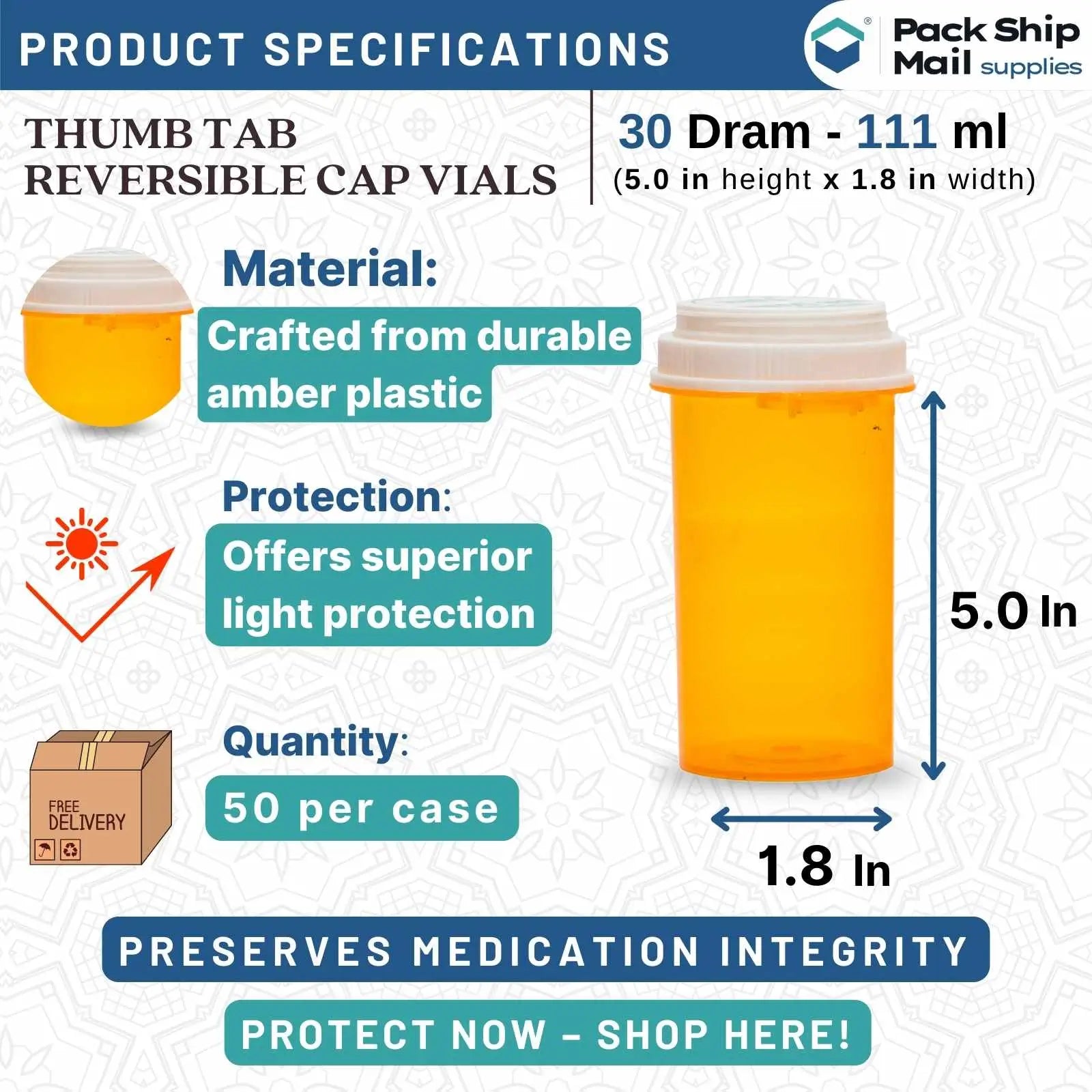 The image showcases a case containing 30 dram amber thumb-tab reversible cap vials, with 50 vials in total.