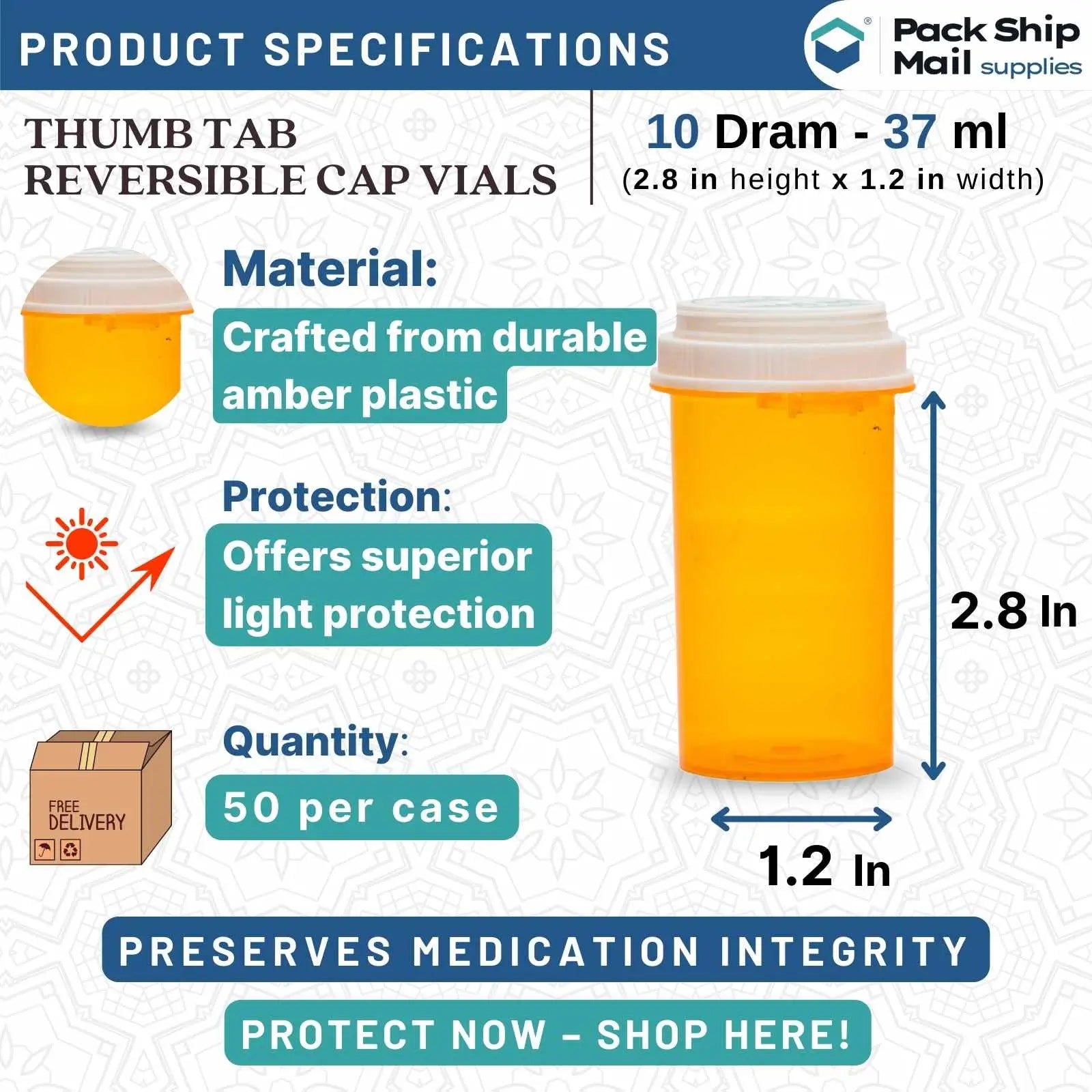The image showcases a case containing 10 dram amber thumb-tab reversible cap vials, with a total of 50 vials in the package.