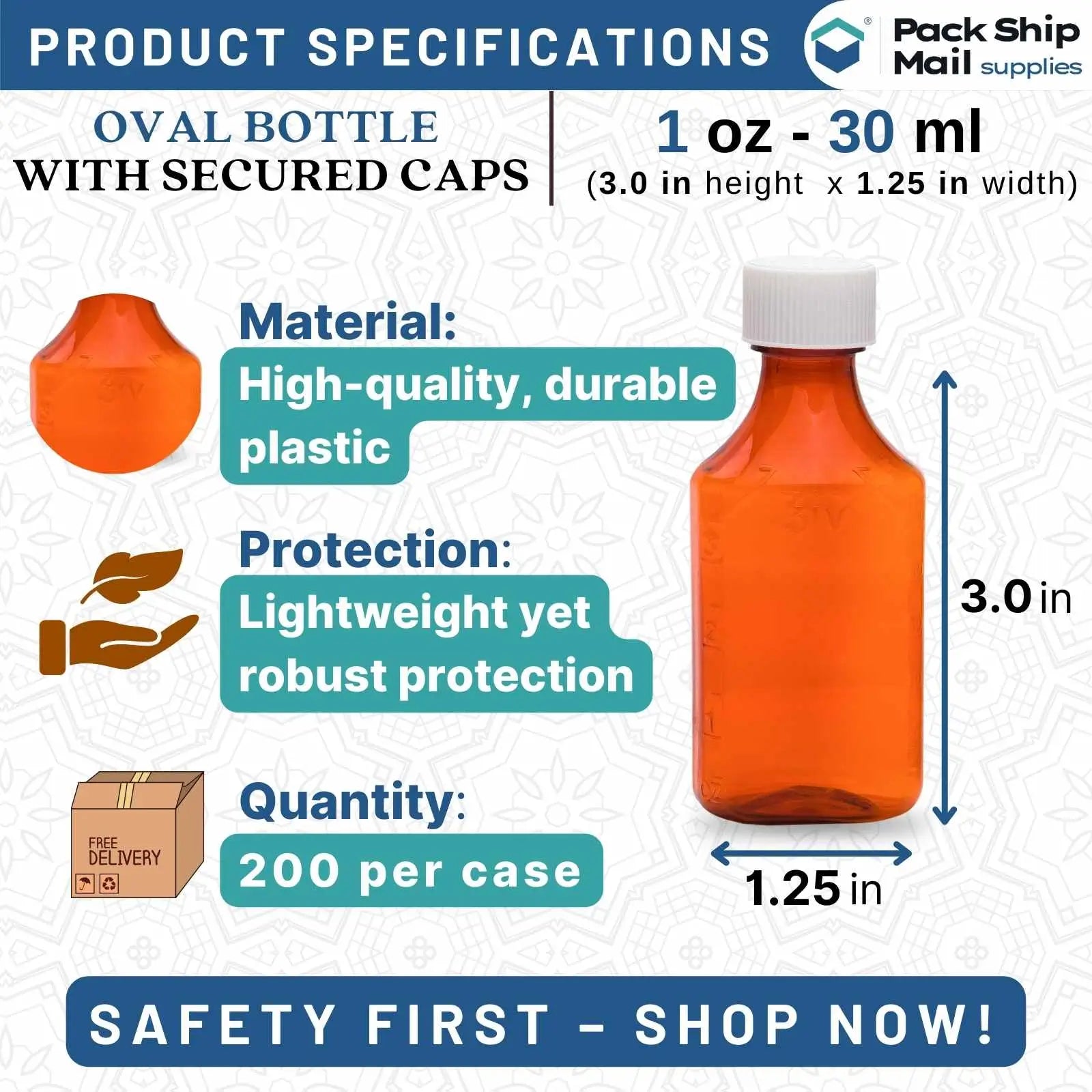 A case of 200 amber oval bottles with child lock caps, each containing 1 oz.