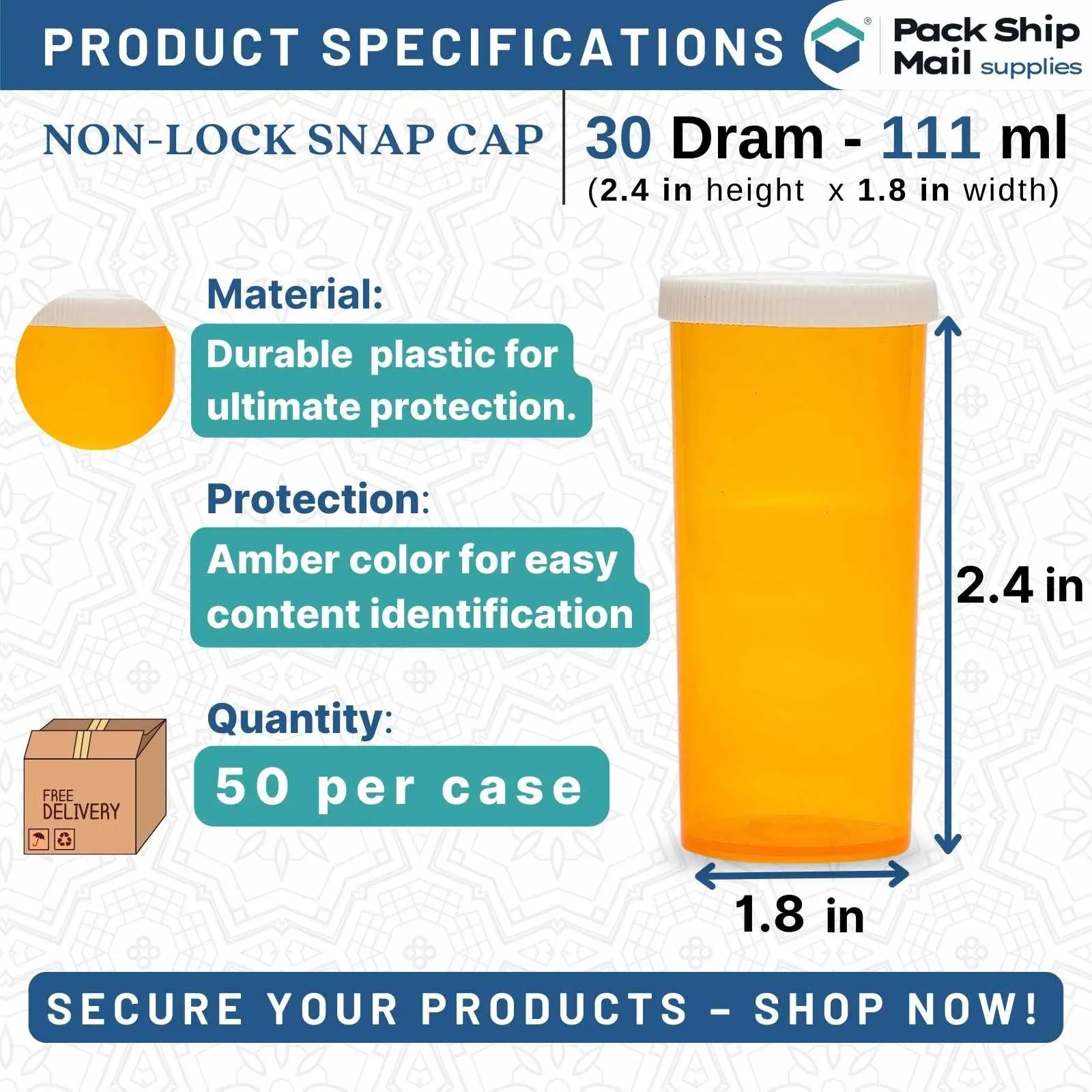 The image showcases a case containing 30 dram amber snap cap vials, with 50 vials per case. Perfect for secure storage and organization.