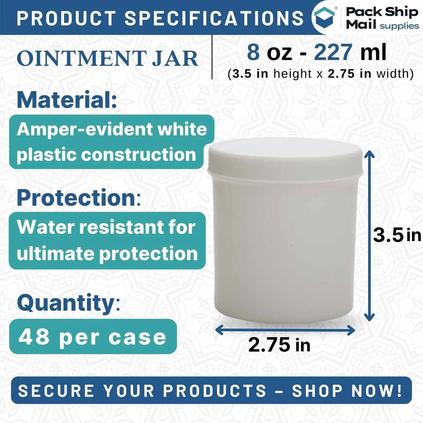 48 white ointment jars, 8 ounces each, packaged in a case.