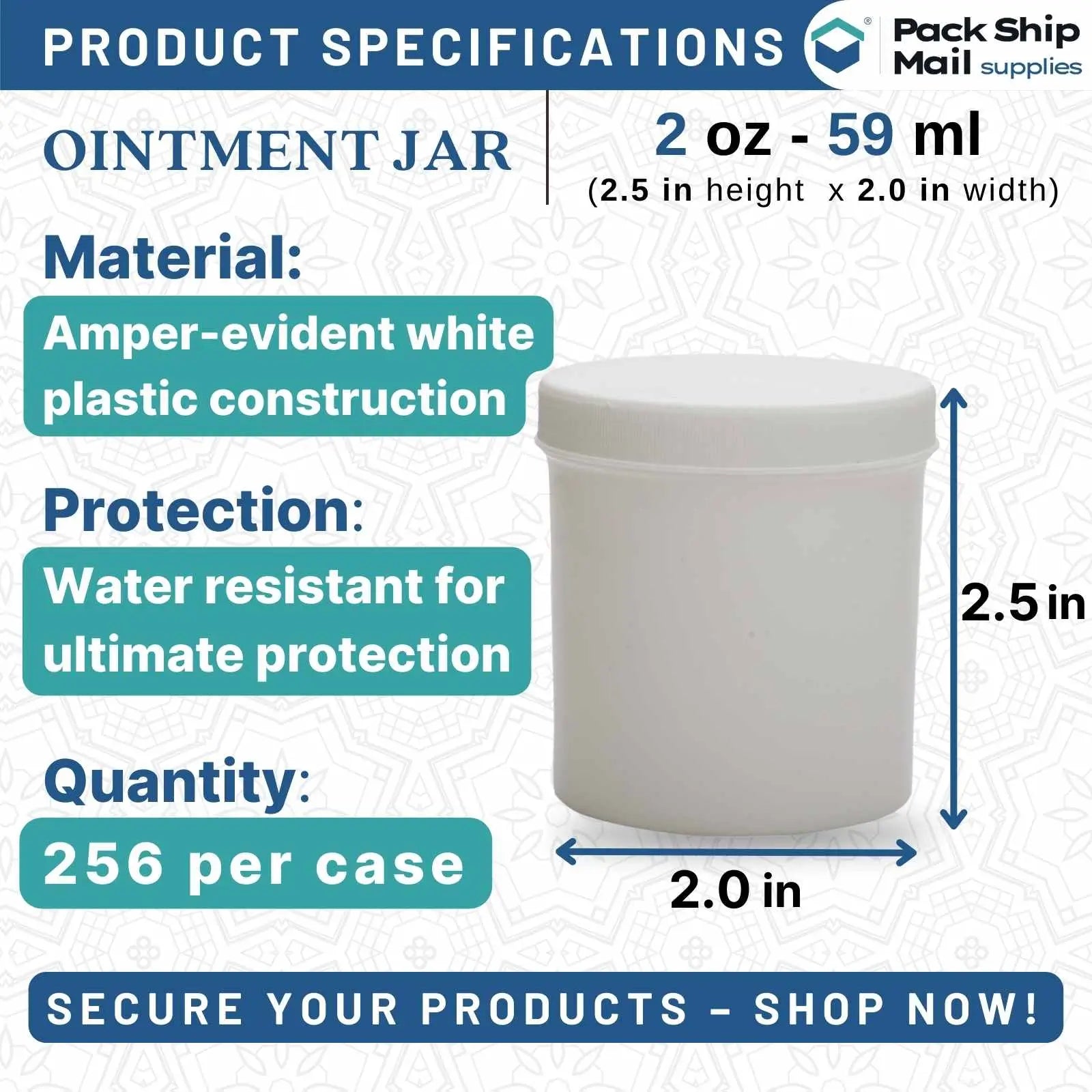 256 white ointment jars, 2 oz each, packaged in a case.