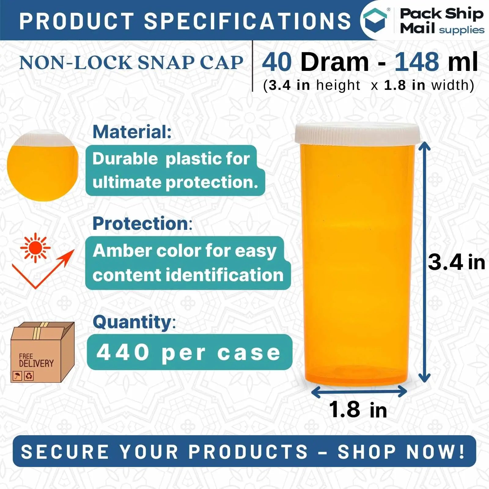 The image showcases 40 Dram Amber Snap Cap Vials, neatly arranged in a case containing 440 units.
