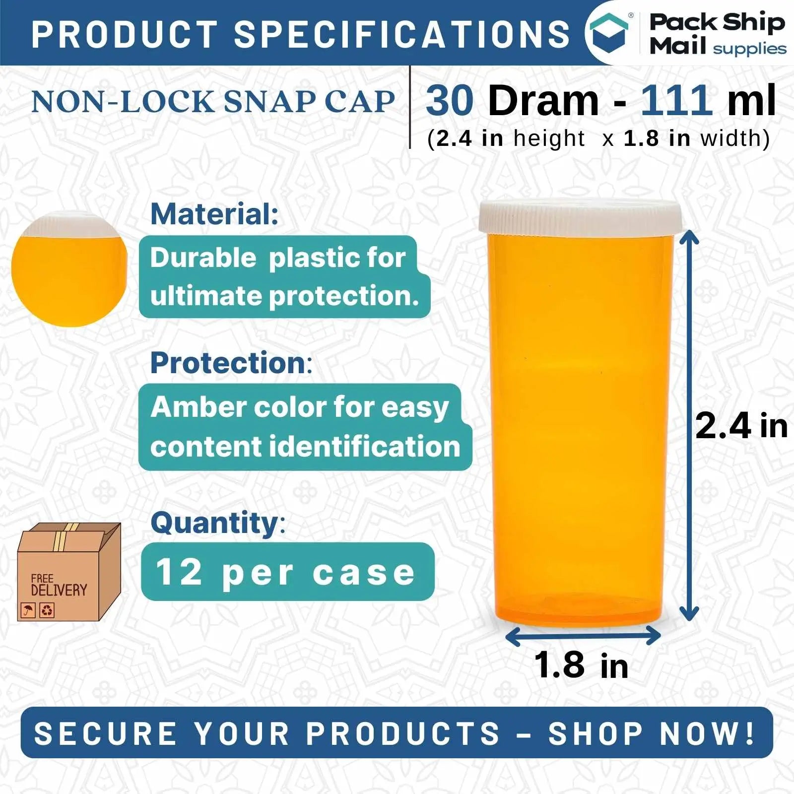 The image showcases 30 Dram Amber Snap Cap Vials, packaged in sets of 12 per case.