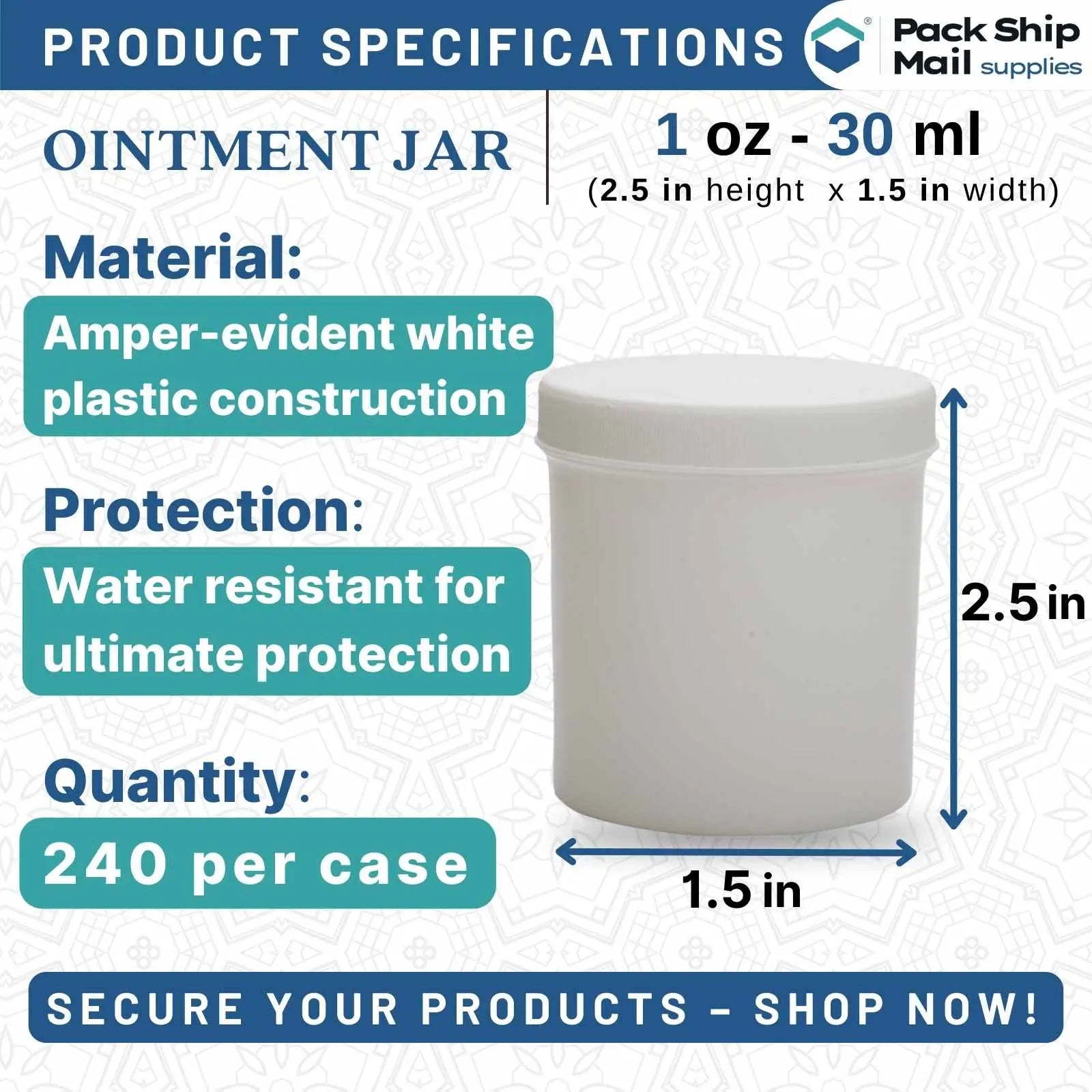 240 white ointment jars, each containing 1 oz, neatly arranged in a case.