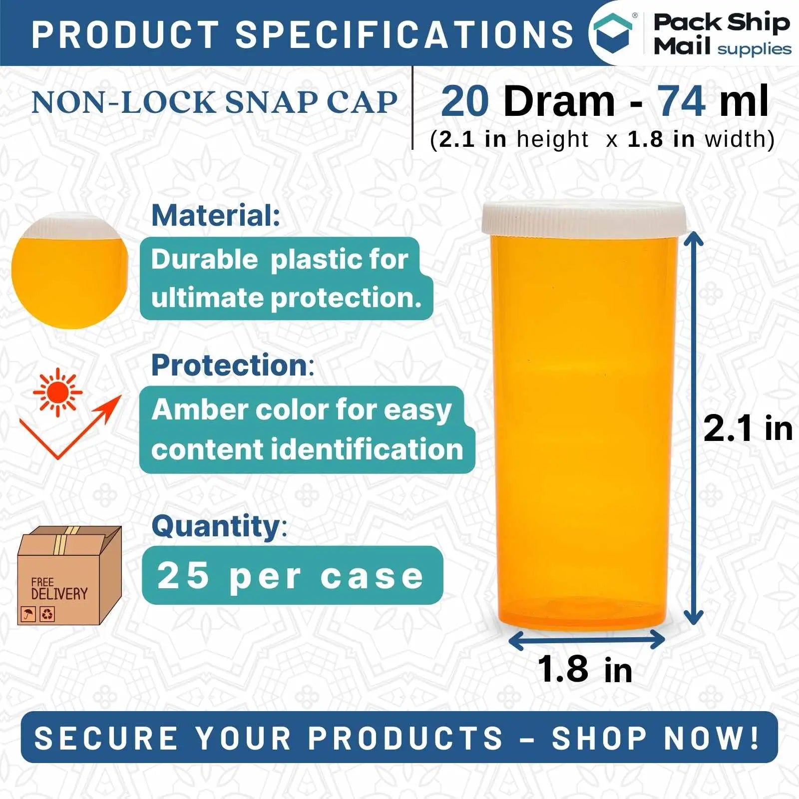 The image showcases a case containing 20 dram amber snap cap vials, with 25 vials per case.