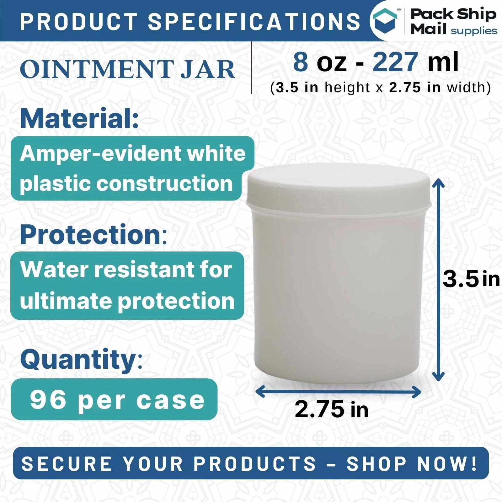 The image showcases a case containing 96 white 8 oz ointment jars.