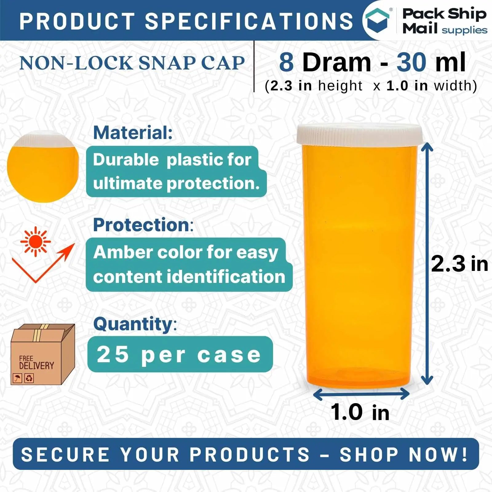 The image showcases a case containing 8 dram amber snap cap vials, with 25 vials included. Perfect for secure and organized storage.