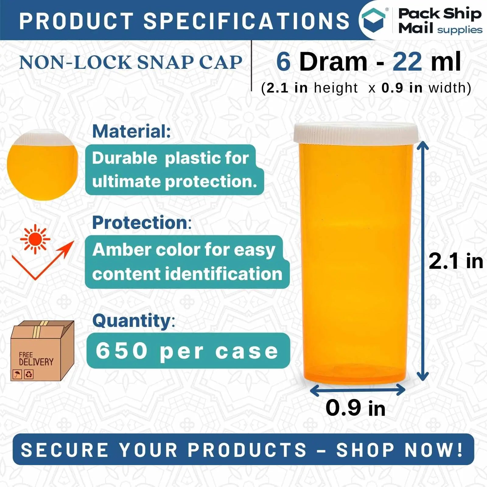 Case of 650 amber snap cap vials, each with a 6 dram capacity.