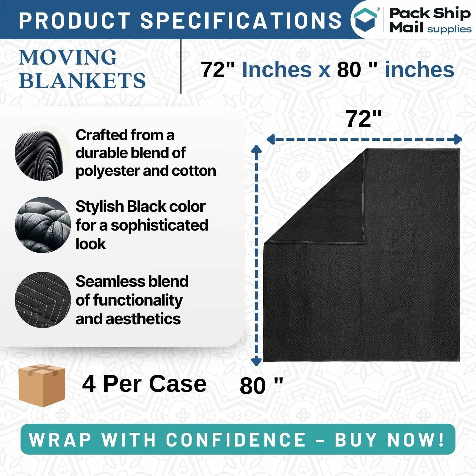 The image showcases a bundle of four heavy-duty black moving blankets, each measuring 72" x 80" and weighing 55 pounds. Ideal for maximum protection during your move.