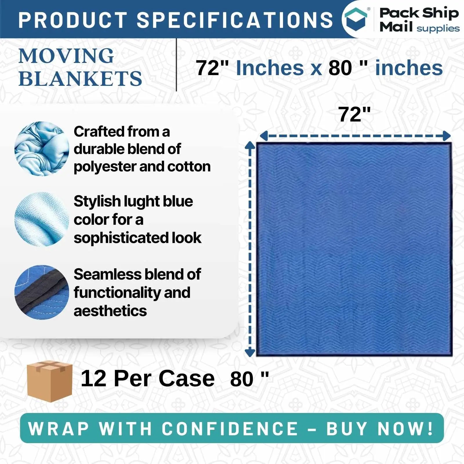 Bundle of 12 light blue/light blue moving blankets, each measuring 72" x 80" and weighing 35 pounds.