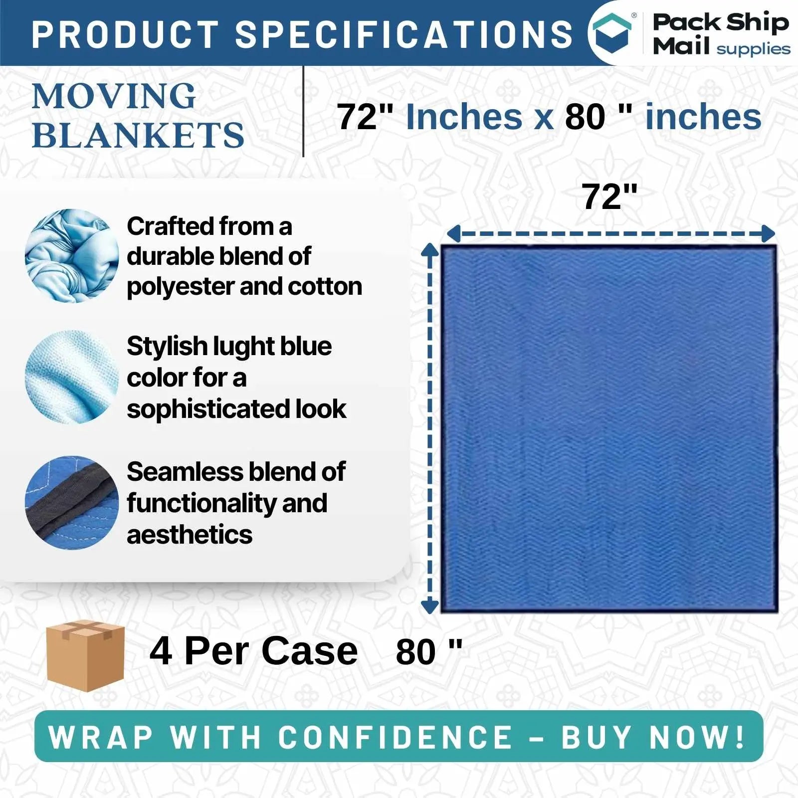 The image showcases a bundle of four light blue moving blankets, each measuring 72" x 80" and weighing 35 pounds. Ideal for efficient and reliable protection during your move.