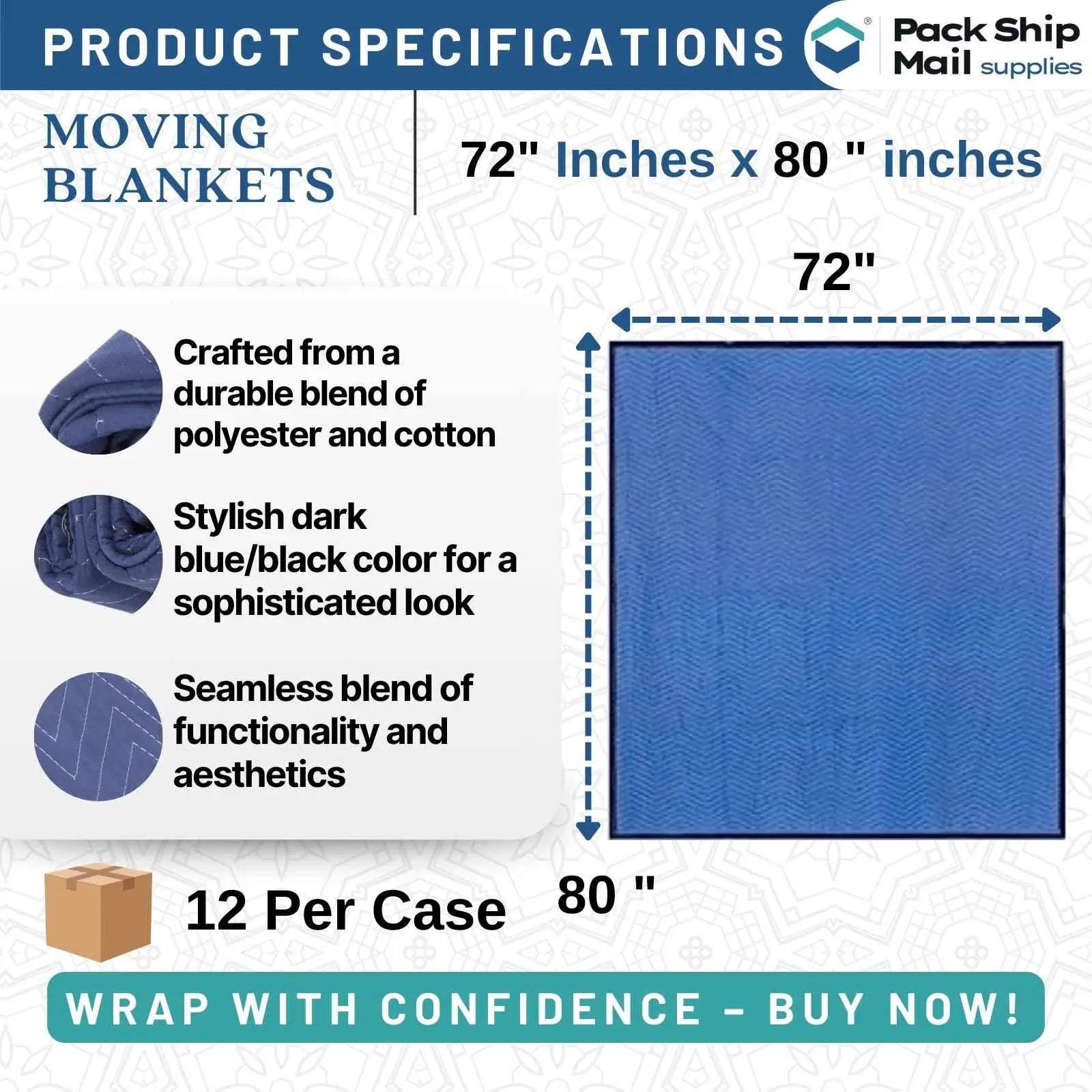 The image shows a bundle of 48 moving blankets in a combination of dark blue and light blue, each measuring 72" x 80" and weighing 43 pounds. Ideal for comprehensive protection during your move.