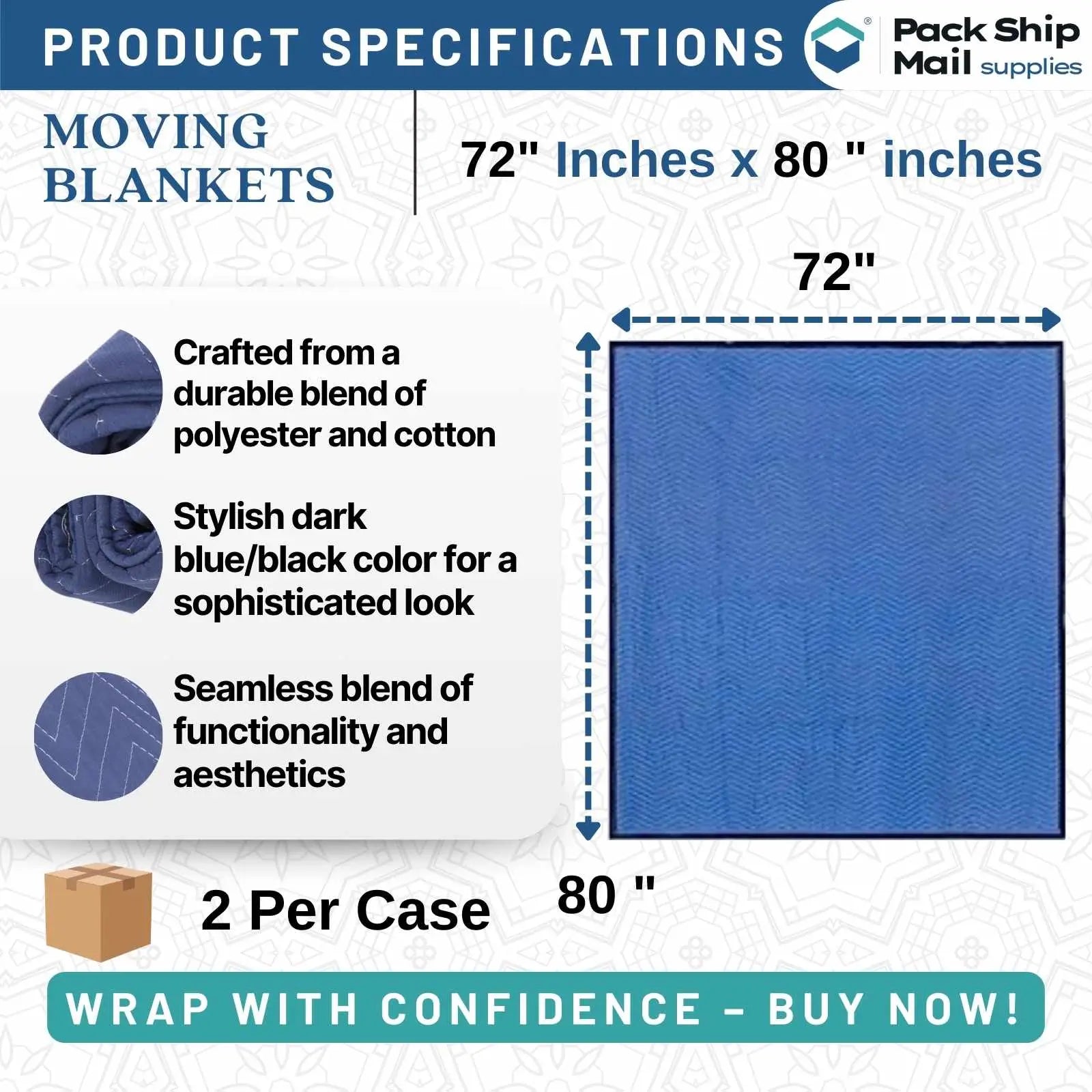 The image shows a bundle of 48 moving blankets in a combination of dark blue and light blue, each measuring 72" x 80" and weighing 43 pounds. Ideal for comprehensive protection during your move.