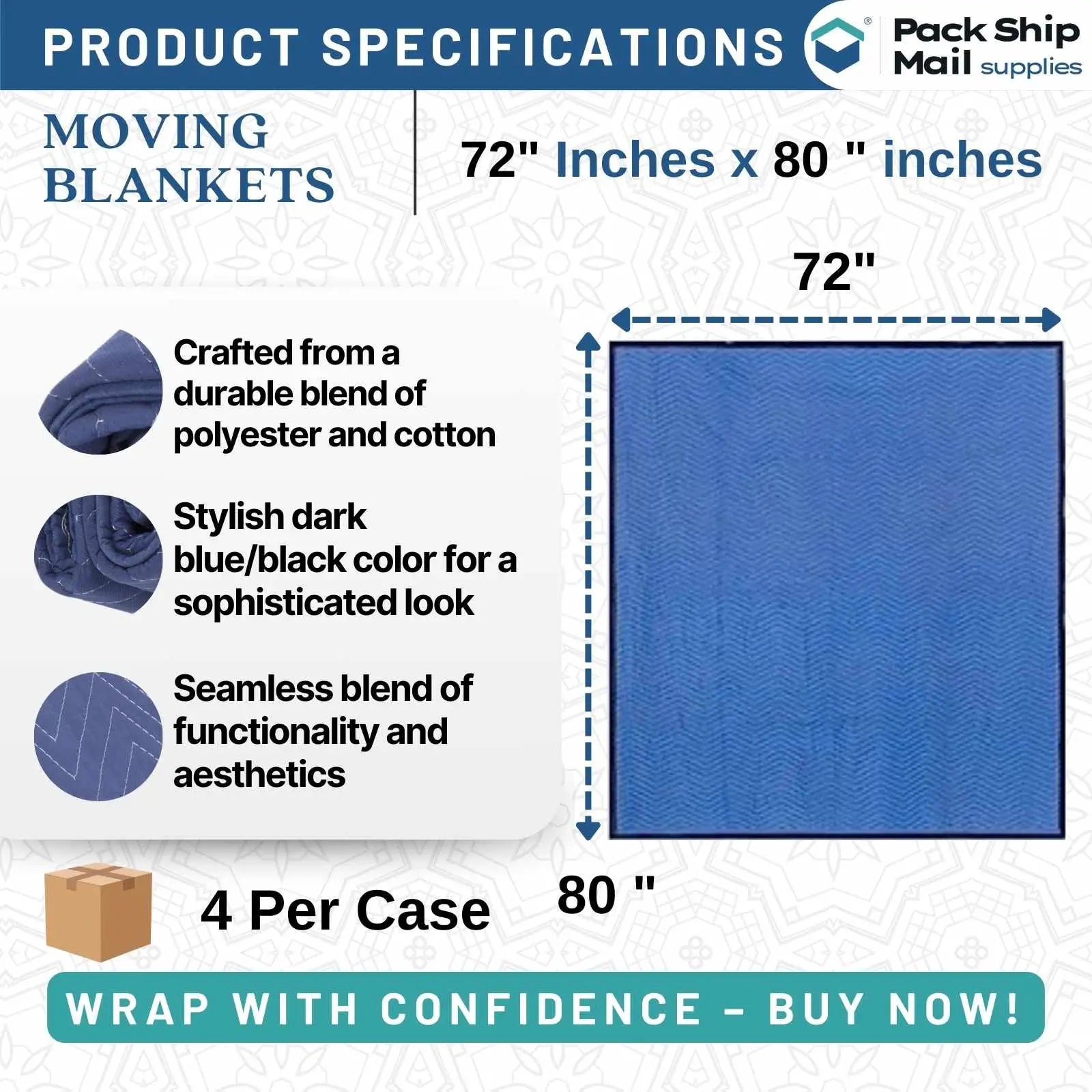 The image shows a bundle of 48 moving blankets in a combination of dark blue and light blue, each measuring 72" x 80" and weighing 43 pounds. Ideal for comprehensive protection during your move.