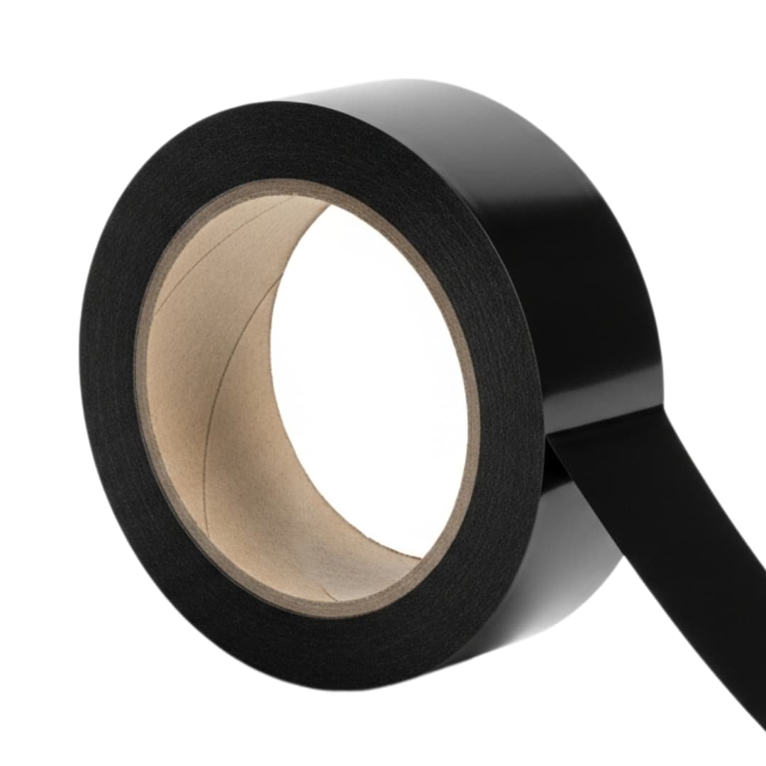 A single roll of black, heavy-duty carton sealing tape on a white background.