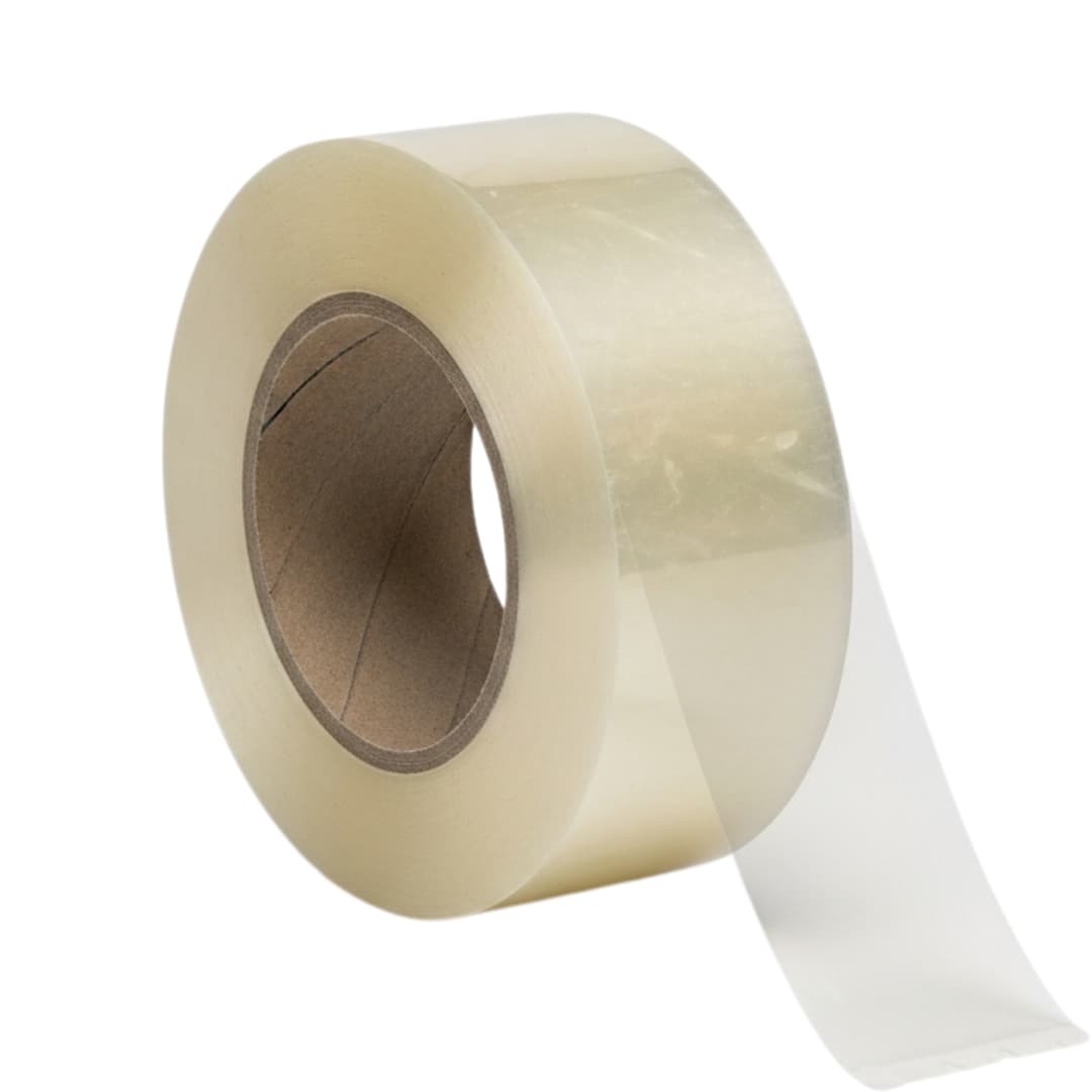 A single roll of clear, heavy-duty carton sealing tape on a white background