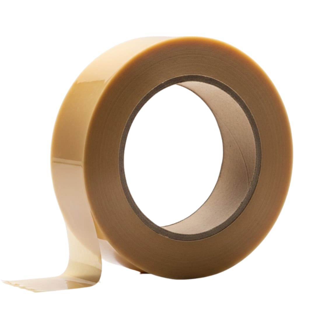 A single roll of tan (brown), heavy-duty carton sealing tape on a white background.