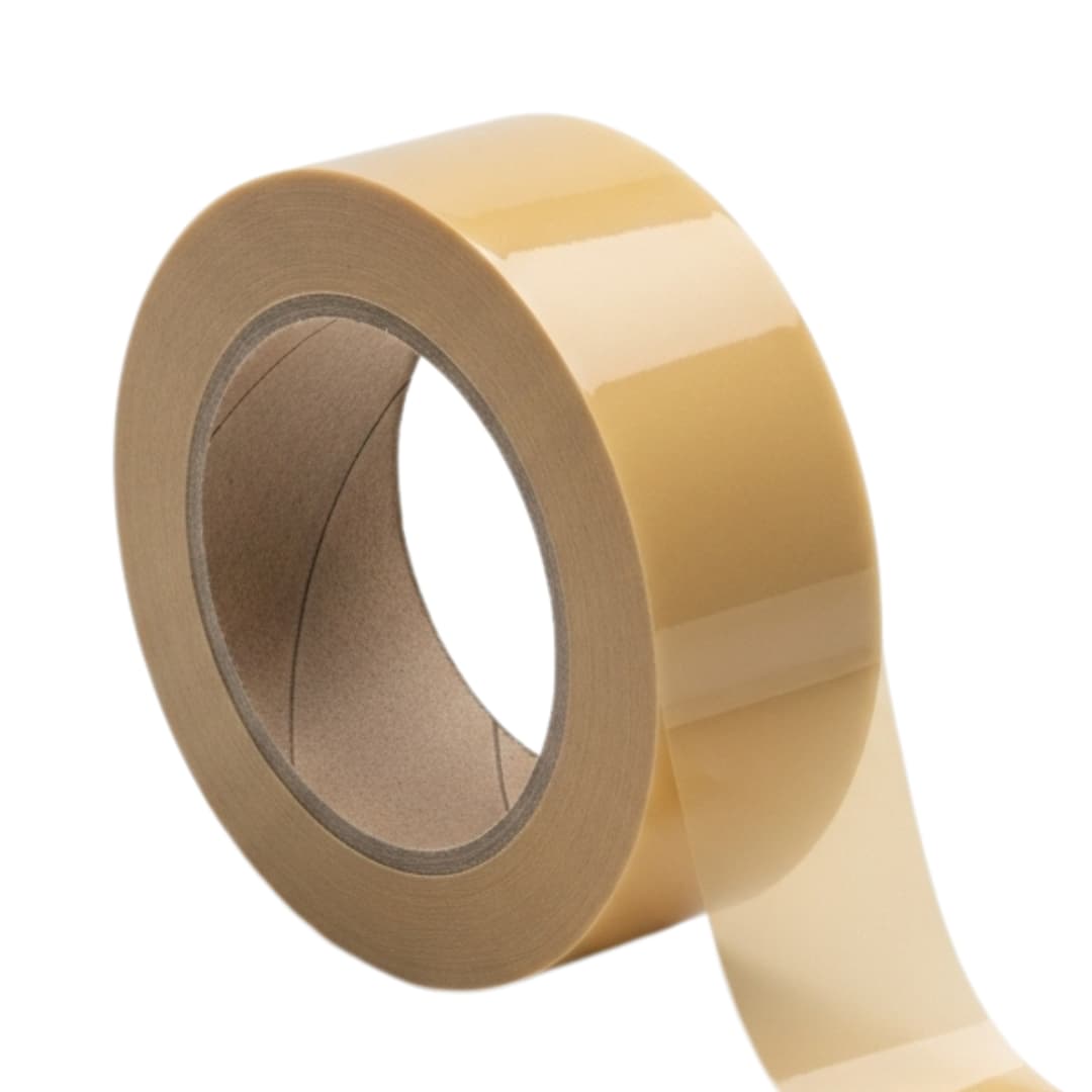 A single roll of tan, heavy-duty carton sealing tape on a white background.