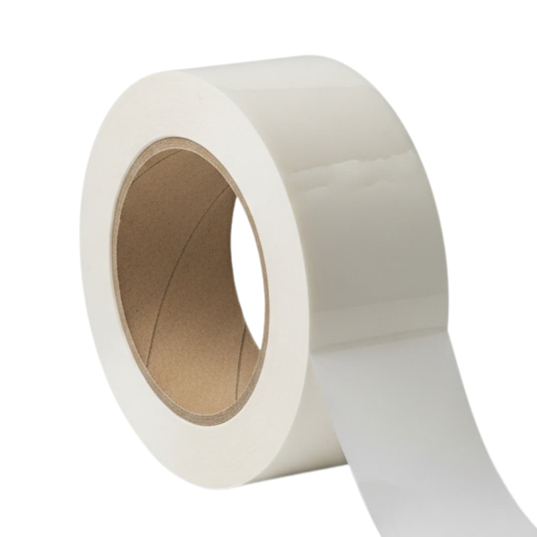 A single roll of white, heavy-duty carton sealing tape on a white background.