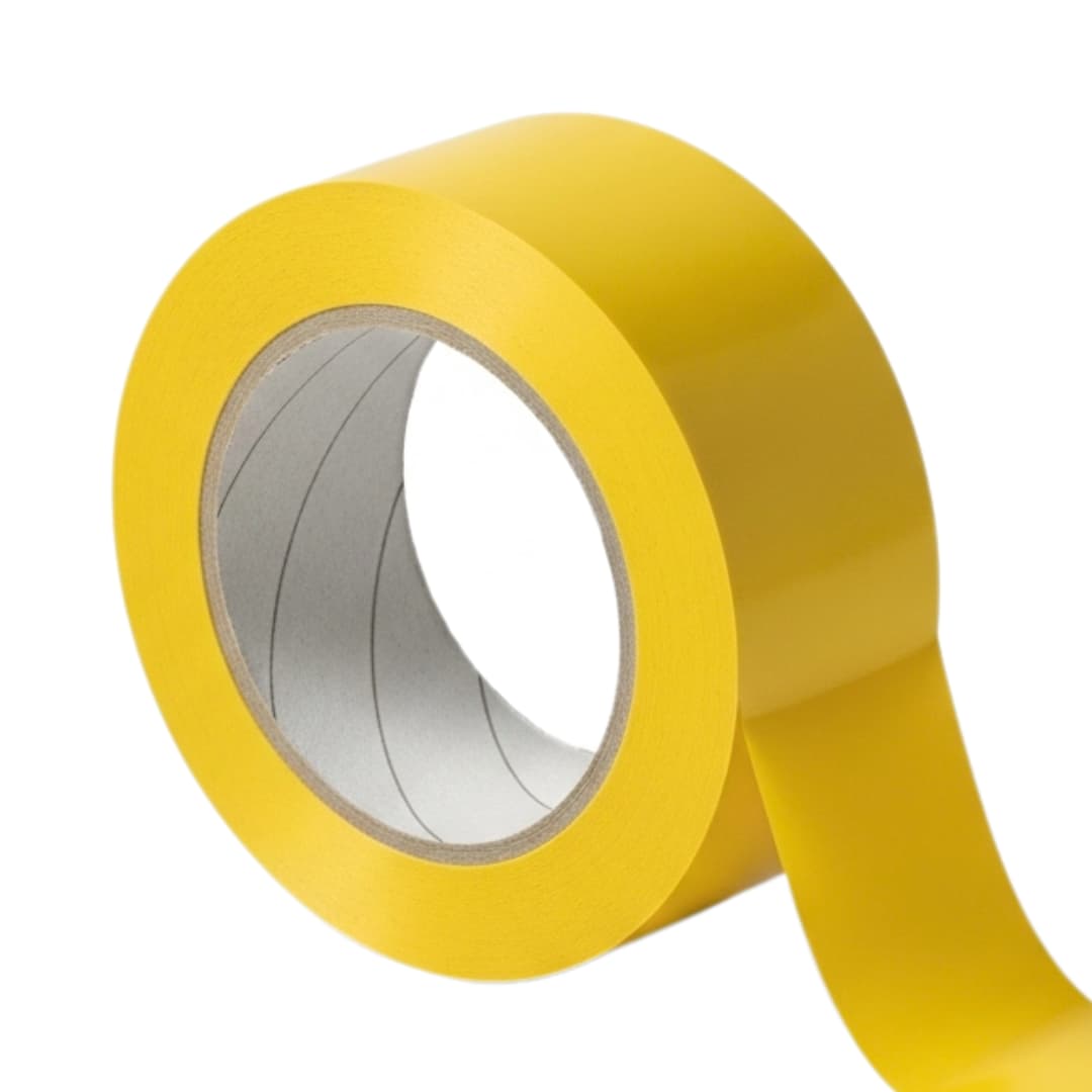 A single roll of yellow, heavy-duty carton sealing tape on a white background.