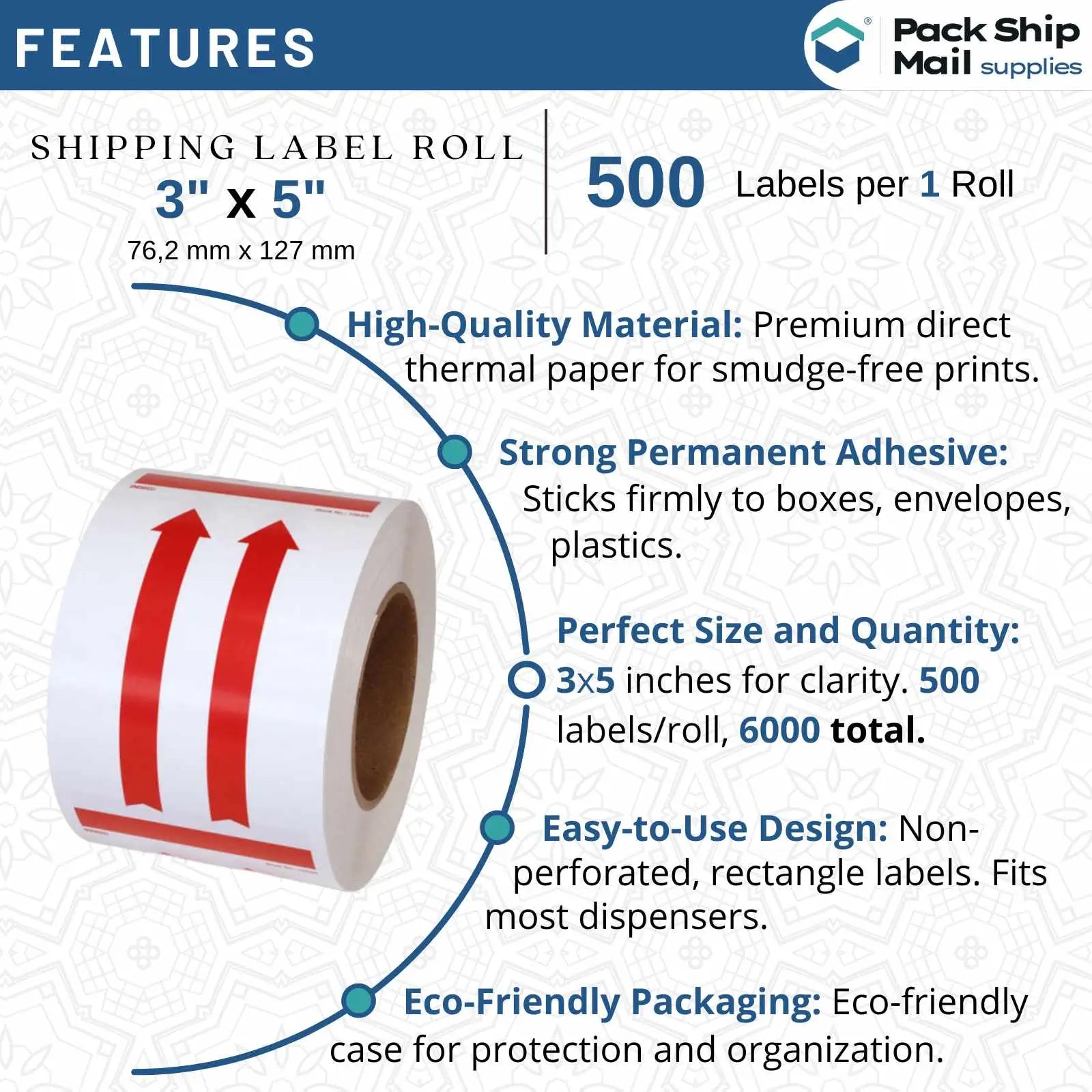 Twelve rolls of 3 by 5-inch ARROW UP specialty labels with a 1-inch core, neatly packaged in a case.